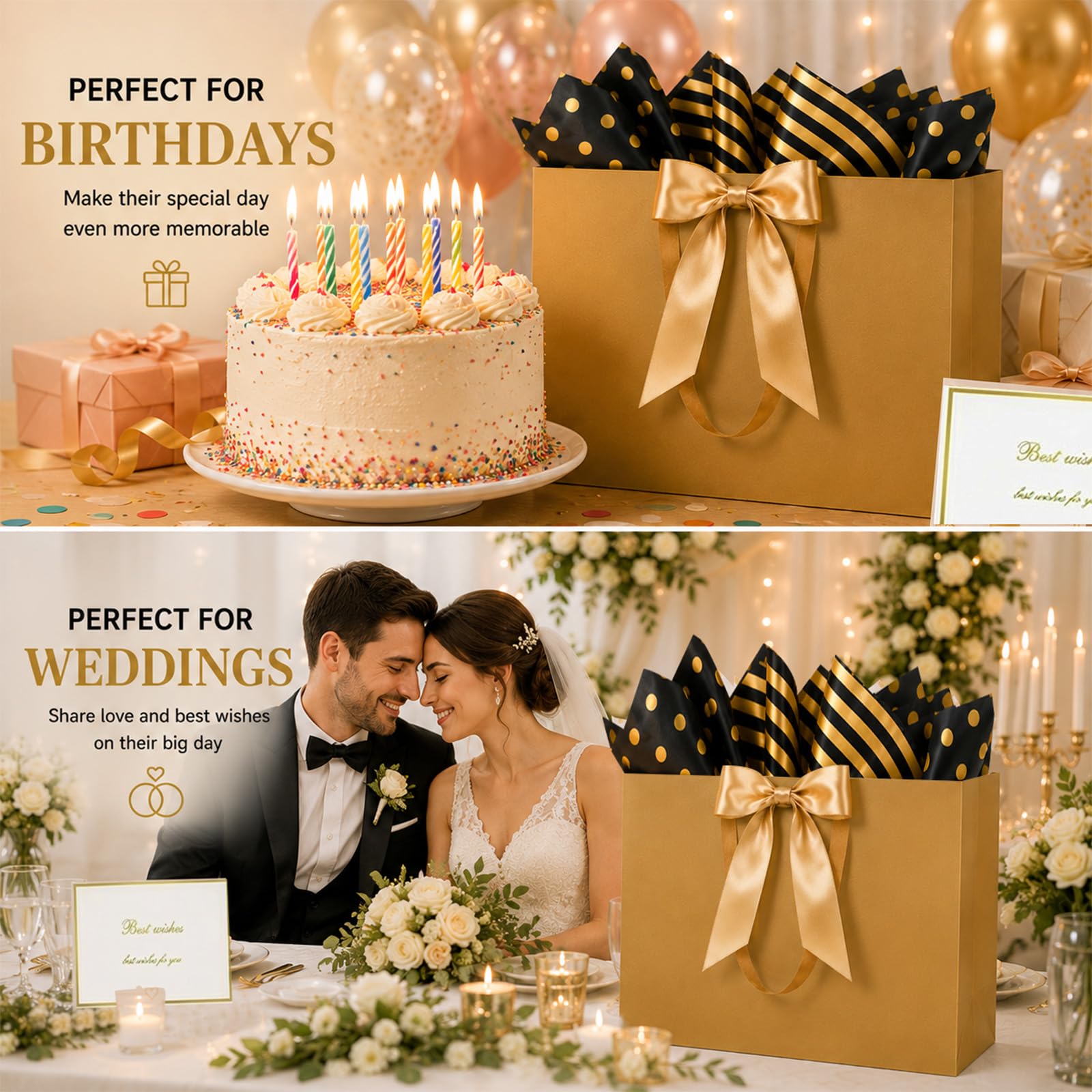 THXIY Sacchetti regalo extra large oro 15,75, 10 pezzi, 40 x 30 x 12,5 cm, set di sacchetti regalo grandi con biglietti di carta velina, 300 g, sacchetti regalo riutilizzabili per compleanno