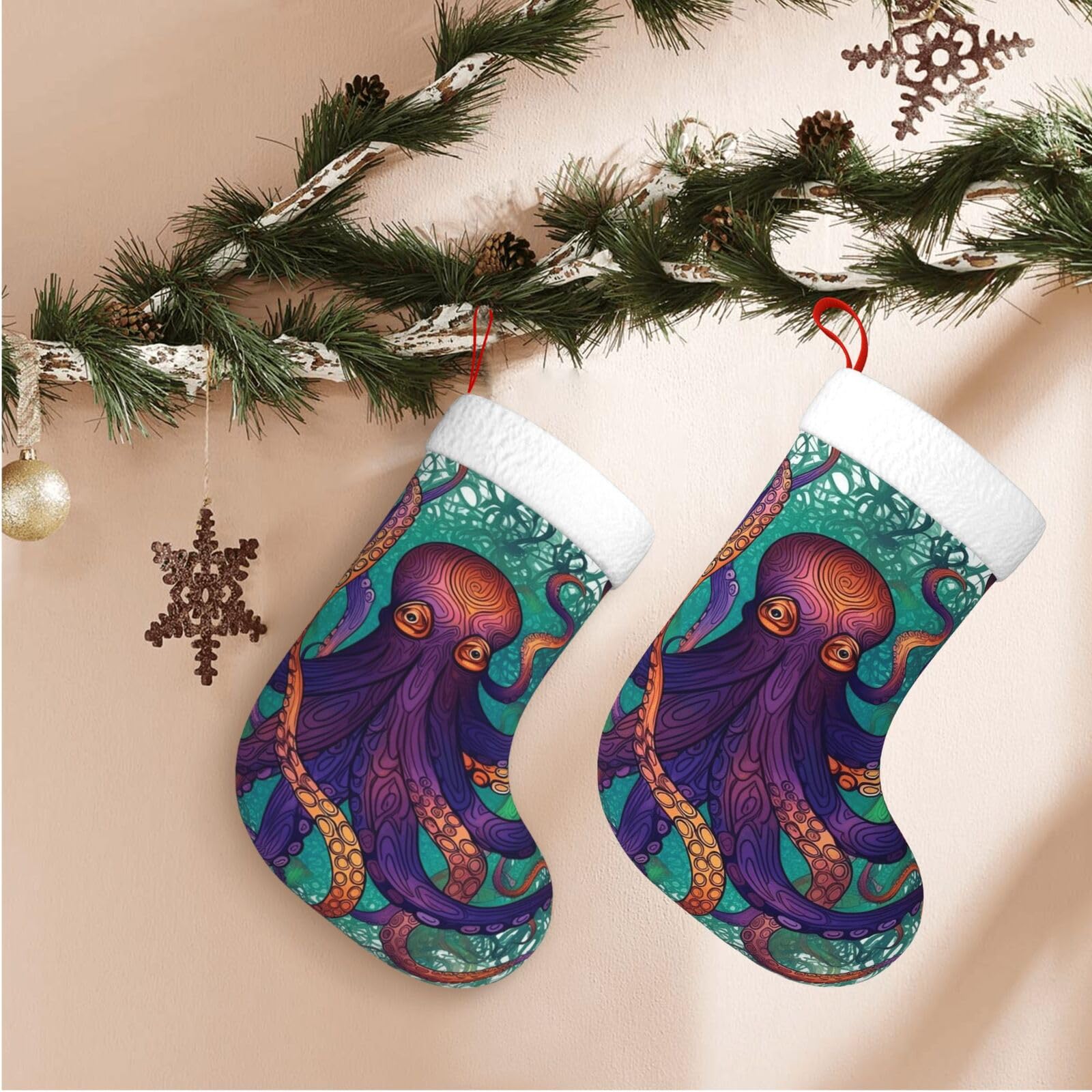 17.7" Christmas Stocking 1 Piece, Colorful Octopus Xmas Stockings with White Plush Cuff Fireplace Hanging Stocking for Christmas Holiday Party Decoration