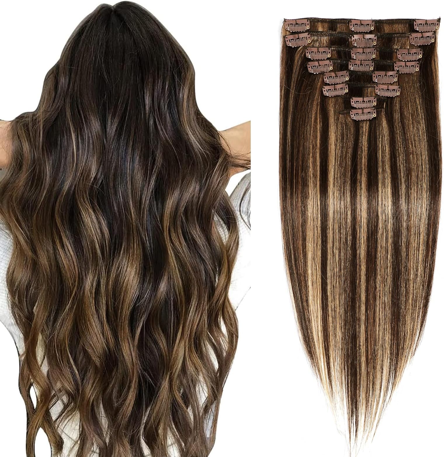 Balayage Dark Brown to Chestnut Brown Clip in Hair Extensions Real Human Hair Clip ins Remy Invisible Natural Straight Seamless Clip on Hair Extensions 8pcs Double Weft 22 Inch 90g