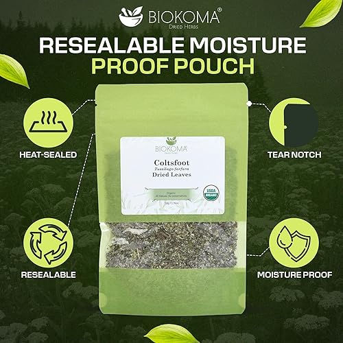 Miniatura 4 de Hojas secas Biokoma Pure and Organic Coltsfoot 50g (1.76oz) en bolsa resellable a prueba de humedad