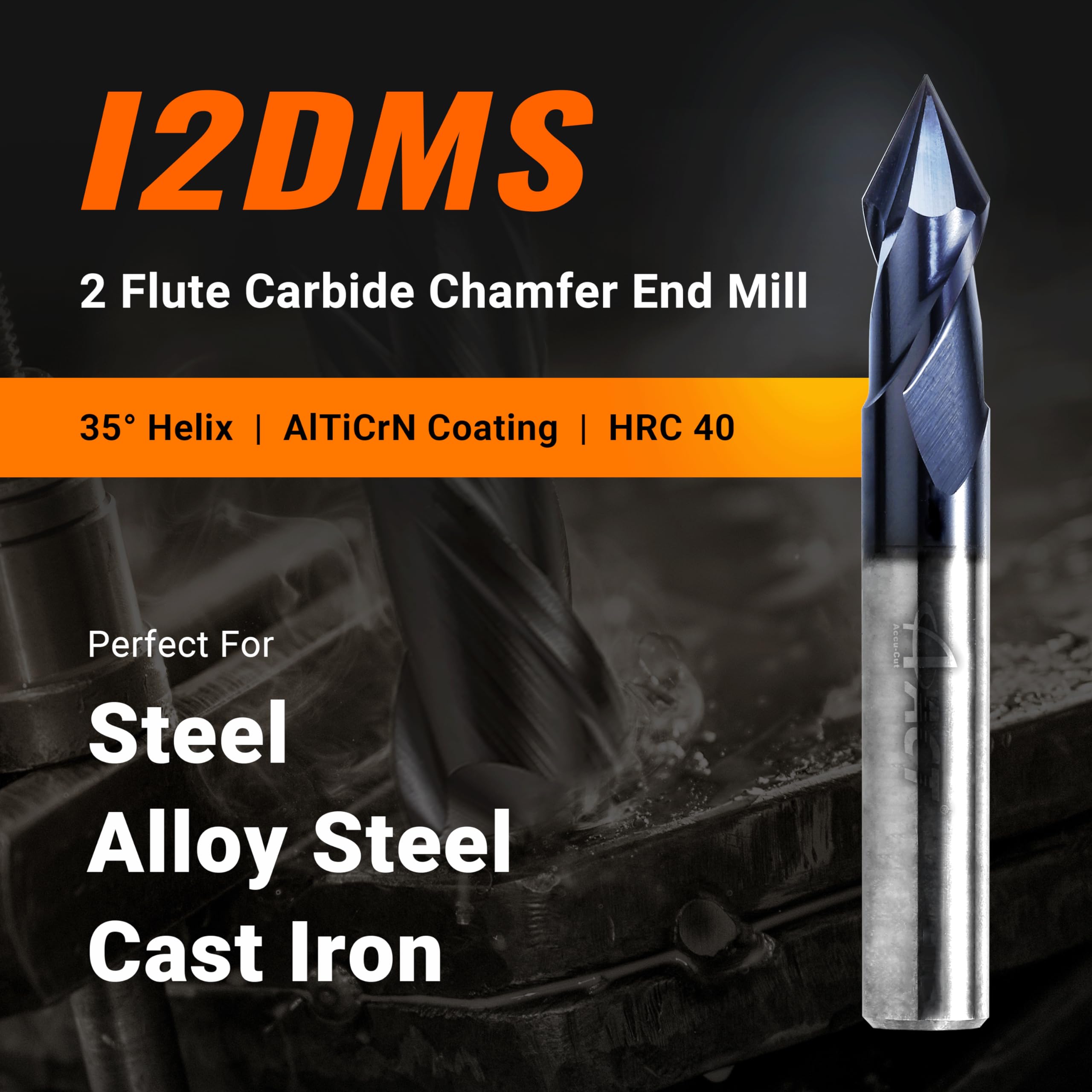 ACCU-Cut I2DMS 3/8 fresa de carburo, 2 flautas, multifunción para desbarbado, manchado, biselado y fresado lateral, brocas de 90 grados