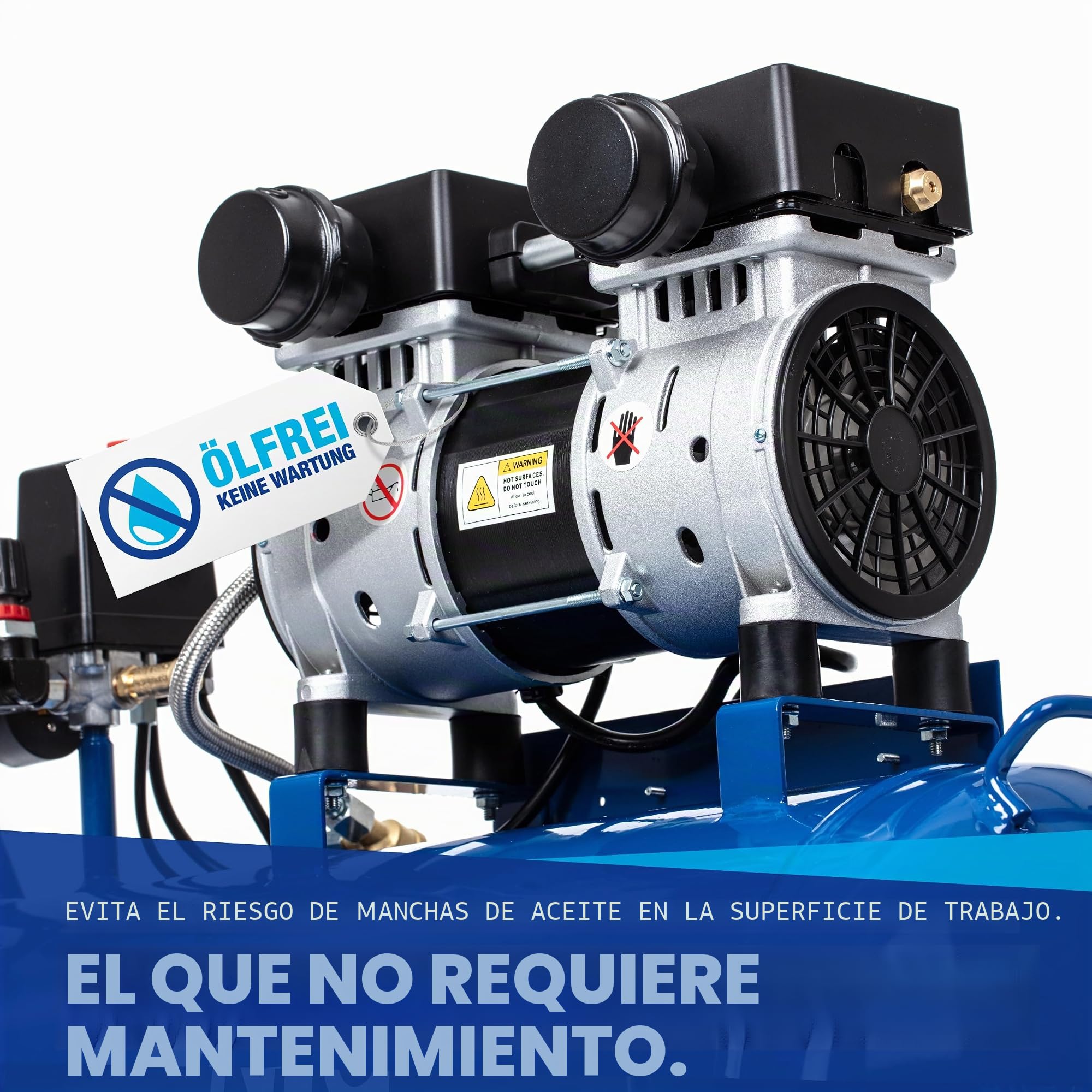 NTG Compresor silencioso de 9 bar, depósito de 50 L, 1470 W, fuerte potencia, sin aceite, especialmente silencioso y flexible, con manómetro y regulador de presión, depósito de 50 L (depósito de 50 | Con manómetro y regulador de presión – Uso flexible en
