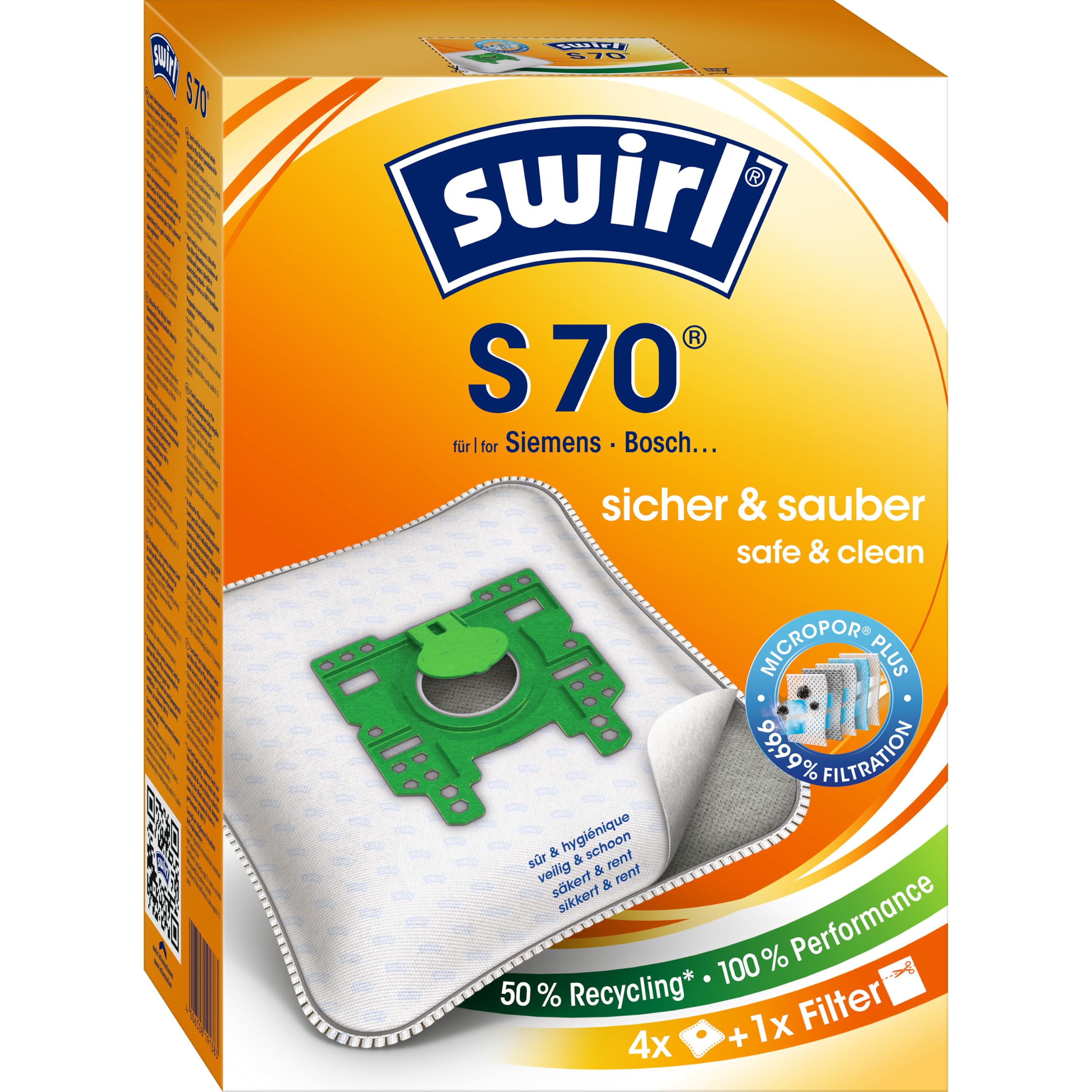 Swirl S 70 EcoPor Staubsaugerbeutel (4 Beutel), reißfeste Staubbeutel für einige Siemens & Bosch Staubsauger, 99,9% Filterung von Hausstaub & allergenem Feinstaub