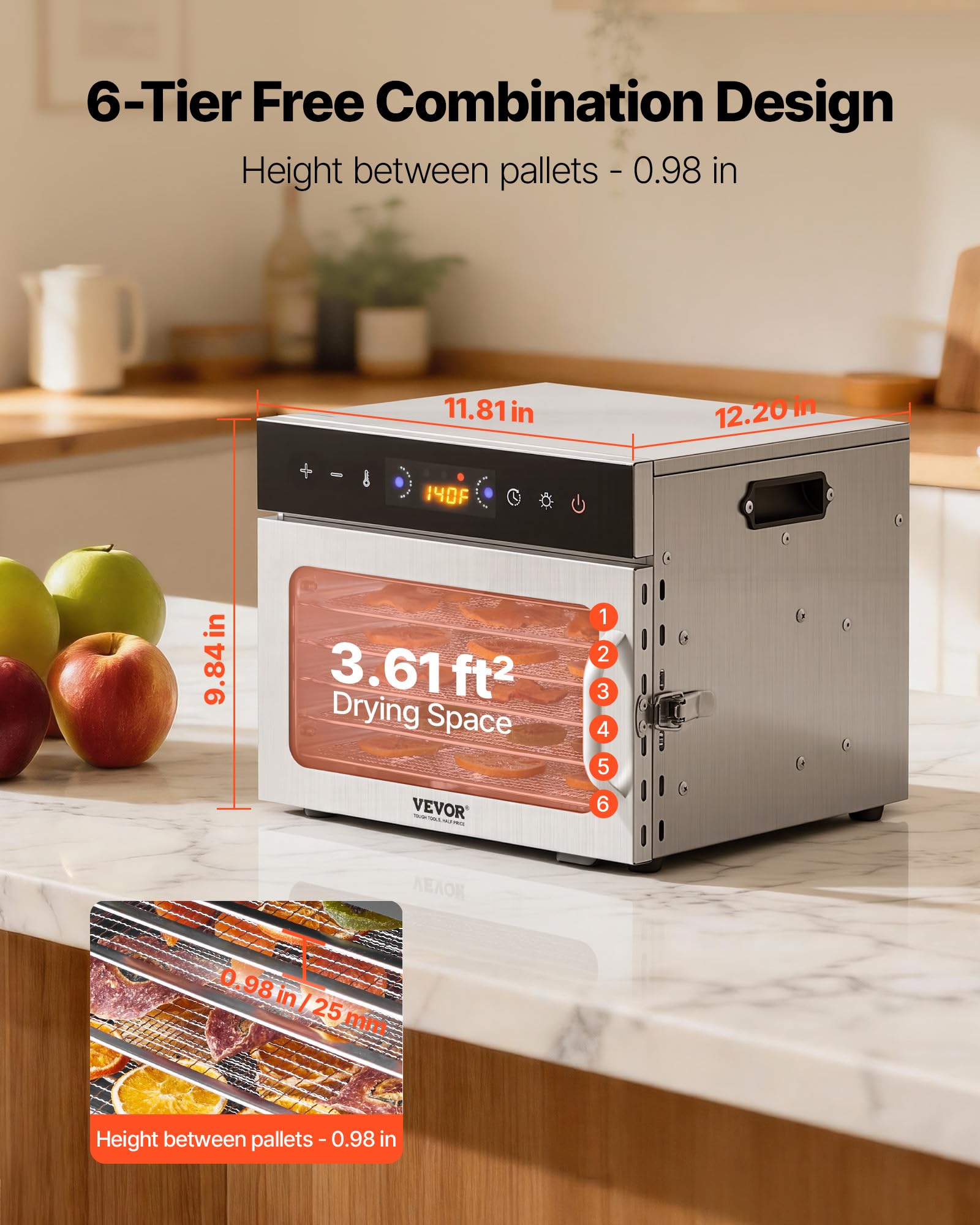 VEVOR Deshidratador de Alimentos 6 Bandejas de Acero Inoxidable Secador de Alimentos Eléctrico 400 W con Temperatura Ajustable y Temporizador de 24 Horas para Cecina, Frutas, Verduras, Hierbas