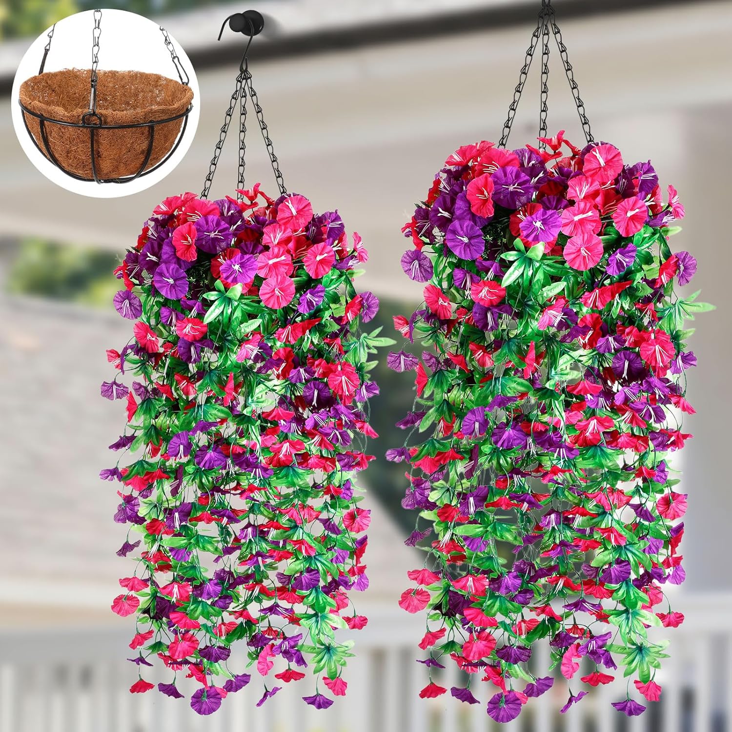 Hotop 2 Set Artificial Flowers with Hanging Basket Includes 6 Pcs Morning Glory Vines Faux Outdoor Hanging Plants Waterproof UV Resistant Fake Flowers for Patio Spring Summer Decor(Purple, Rose Red)