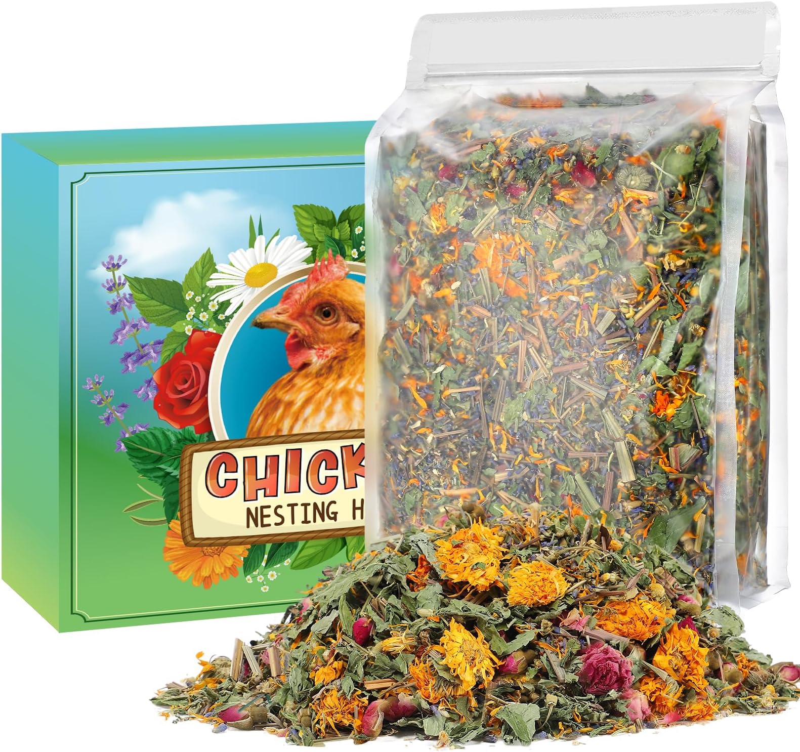 20 Oz Nesting Herbs for Chicken Coop - Natural Egg-Laying Box Feed Herb in 6 Dried Flowers for Freshening Bedding Chicken Coop Dust Bath Increase Egg Production Great Gift