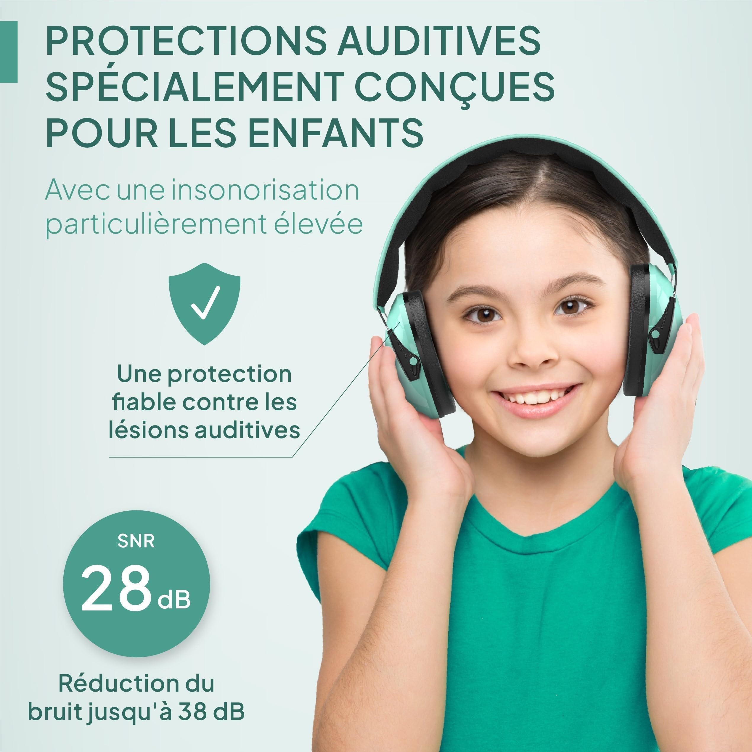 Senner ® KidsPro | Protection auditive enfants - Casque antibruit avec un SNR élevé de 28 dB - jusqu'à 12 ans - évolutif - Protège-oreilles pour enfants - Turquoise