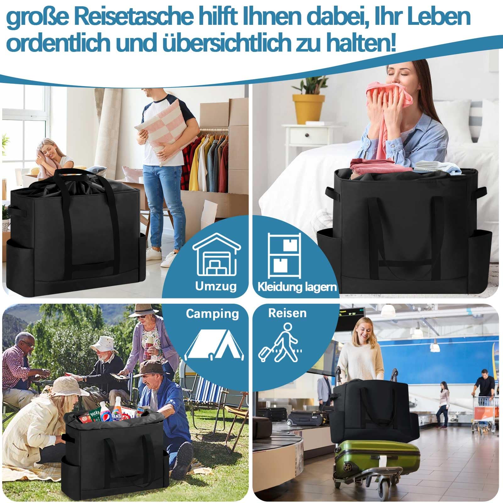 Extra Große Reisetasche, Erweiterbare Wasserdicht Transporttasche, Heavy Duty Tragetasche mit verstärkten Griffen, Faltbare Tote Bag für Reisen, Camping, Sport & Umzugskartons, 60x25.4x50cm