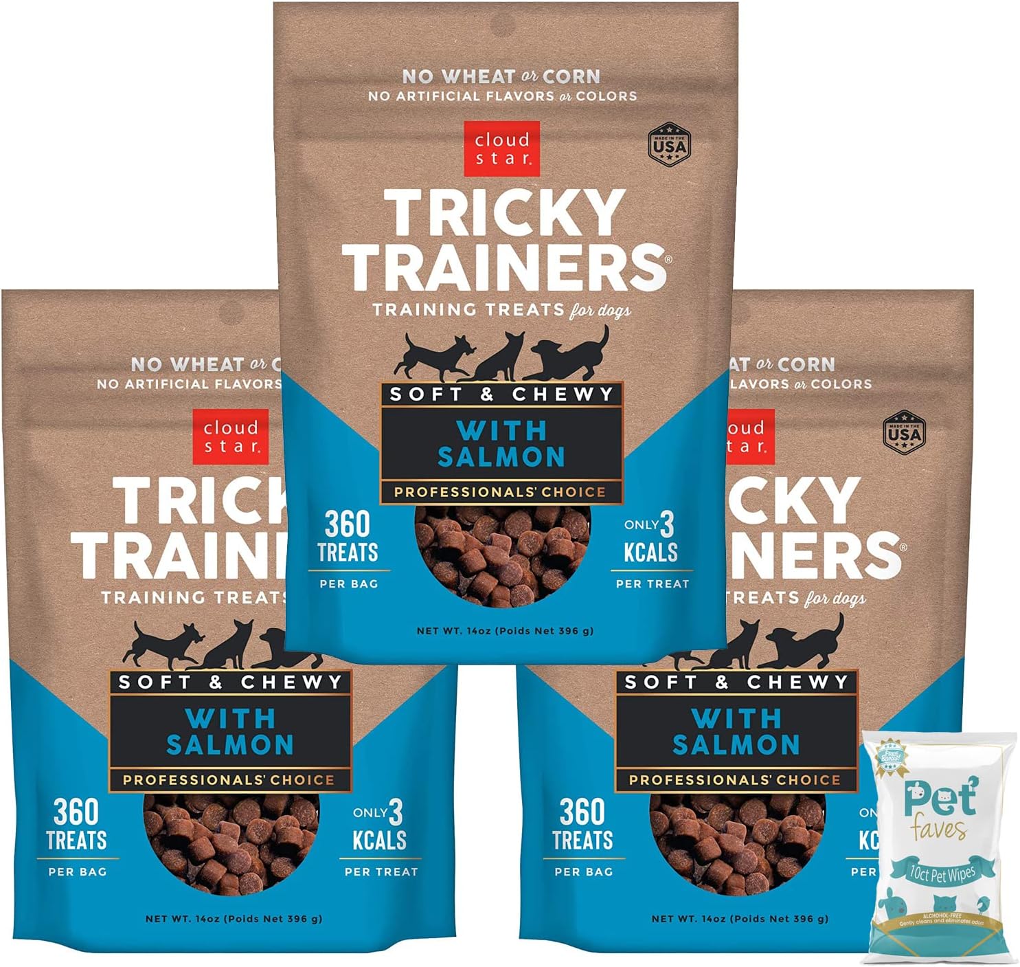 (3 Pack) Cloud Star Tricky Trainers Soft & Chewy Training Treats for Dog. Low Calorie. Salmon 14 oz, with 10ct Pet Wipes
