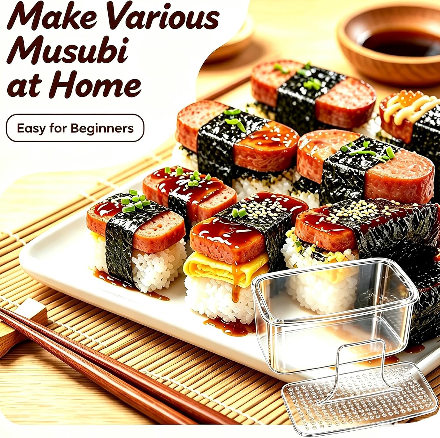 3-Piece Clear Musubi Maker Kit with Luncheon Meat Slicer - Non-Stick Onigiri Press Mold, BPA-Free Sushi Mold for Hawaiian Musubi