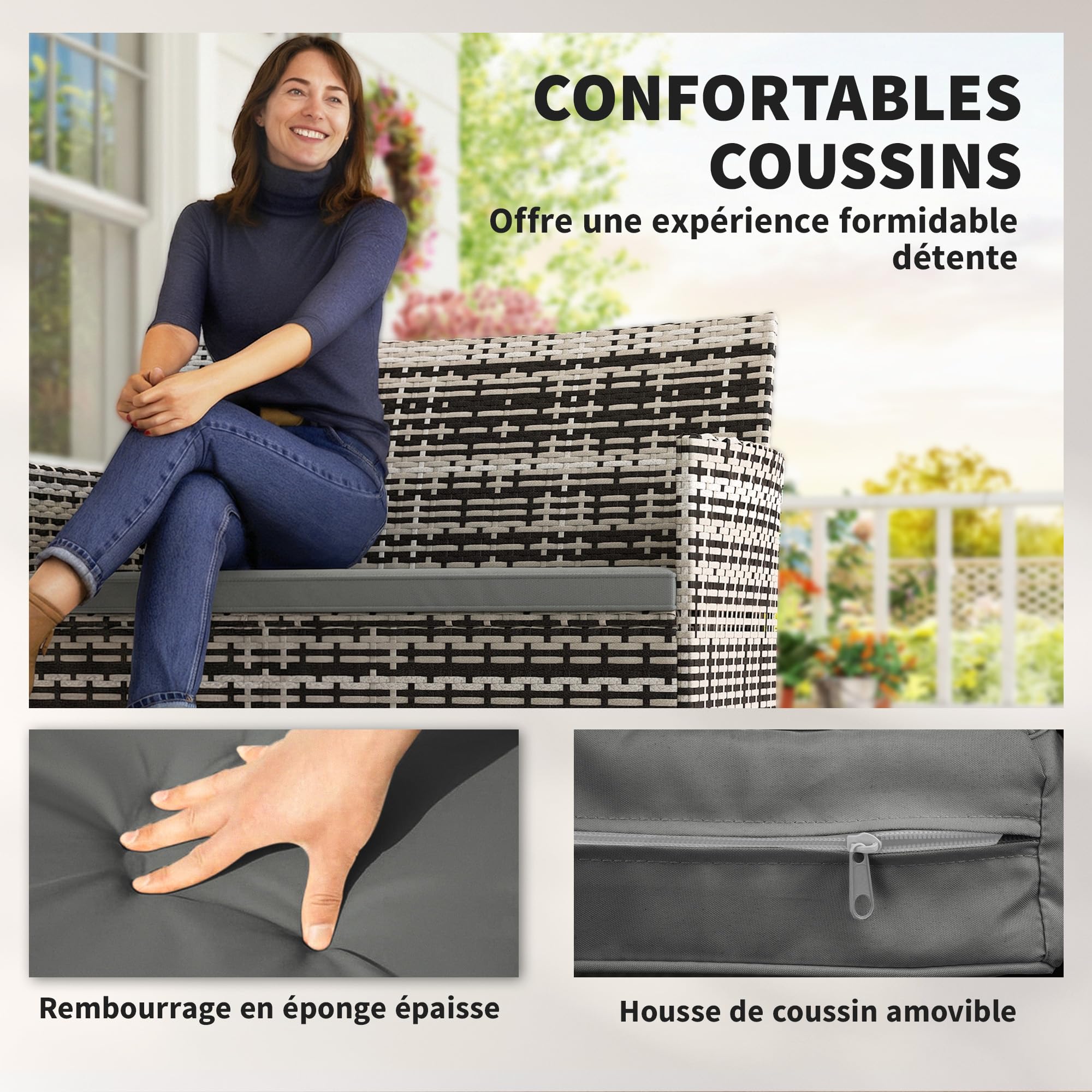 Outsunny Canapé de Jardin 2 Places en résine tressée avec Coussins, canapé d'extérieur avec accoudoirs, Cadre en Acier pour Balcon, Porche, Jardin, Gris Clair