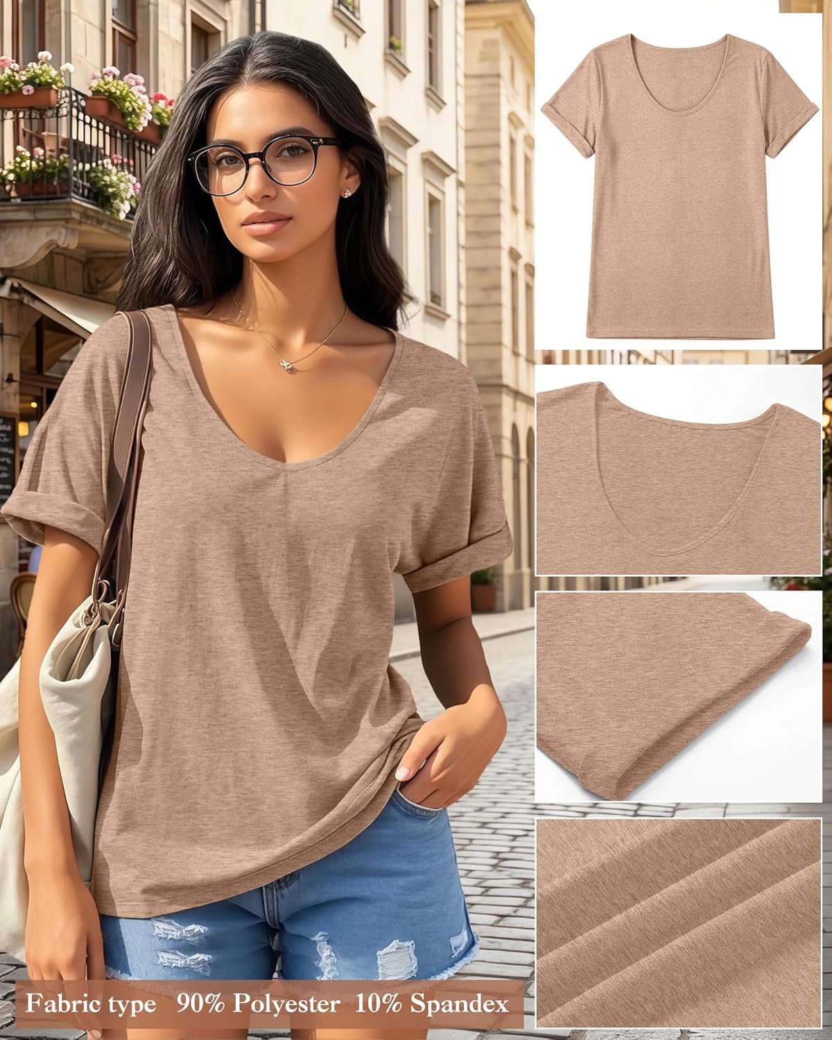 Riyiper 3 Pack Women's V Neck Shirt, Summer Rolled Sleeve Solid Tops Casual Loose Tees Lightweight Basic Soft Tshirt - Image 5
