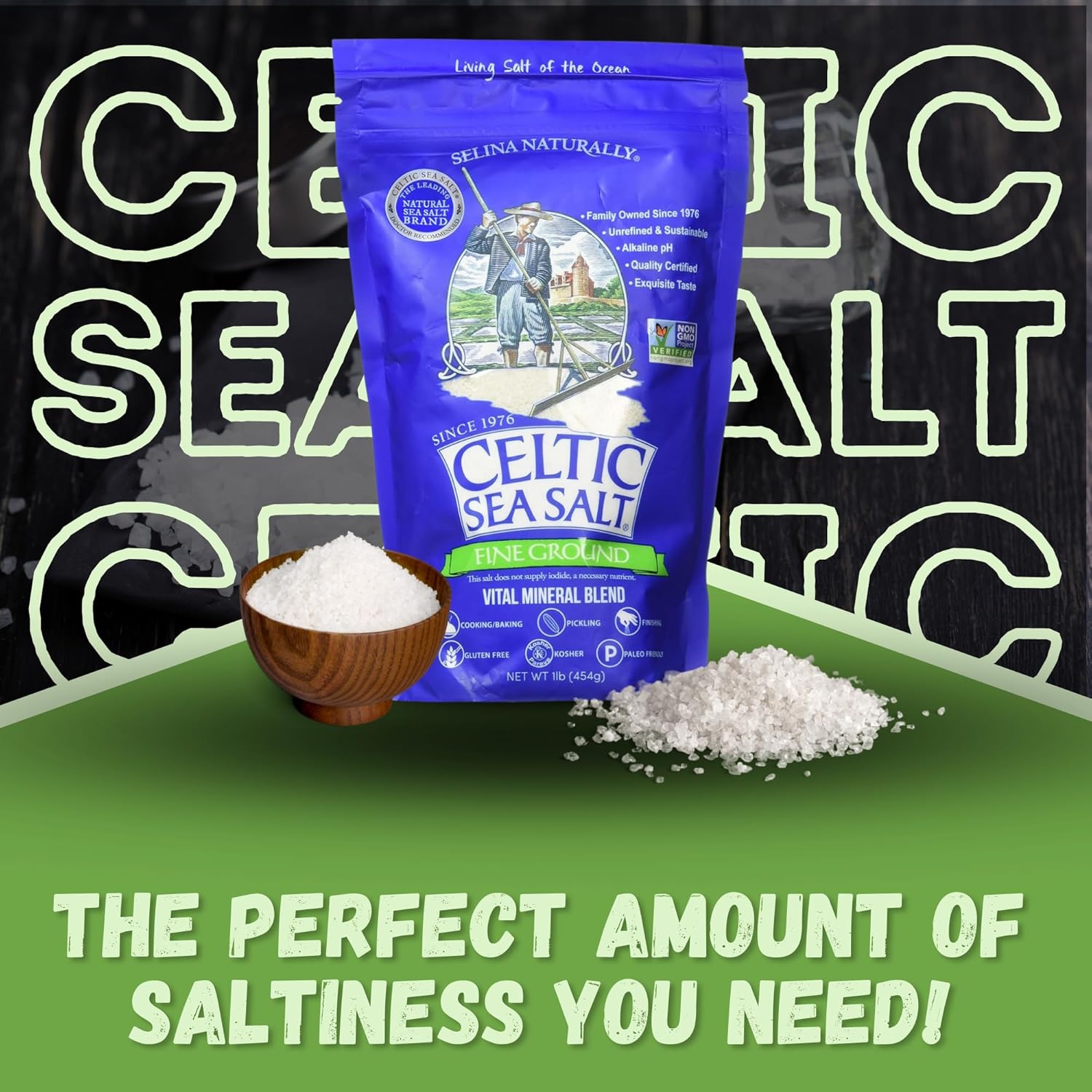 Fine Ground Celtic Sea Salt Bundle. Includes One-16 Oz Bag of Selina Naturally Celtic Sea Salt in a Good For My Home Box. One Lb of Unrefined and Kosher Salt! Fine Celtic Salt in Resealable Bags!