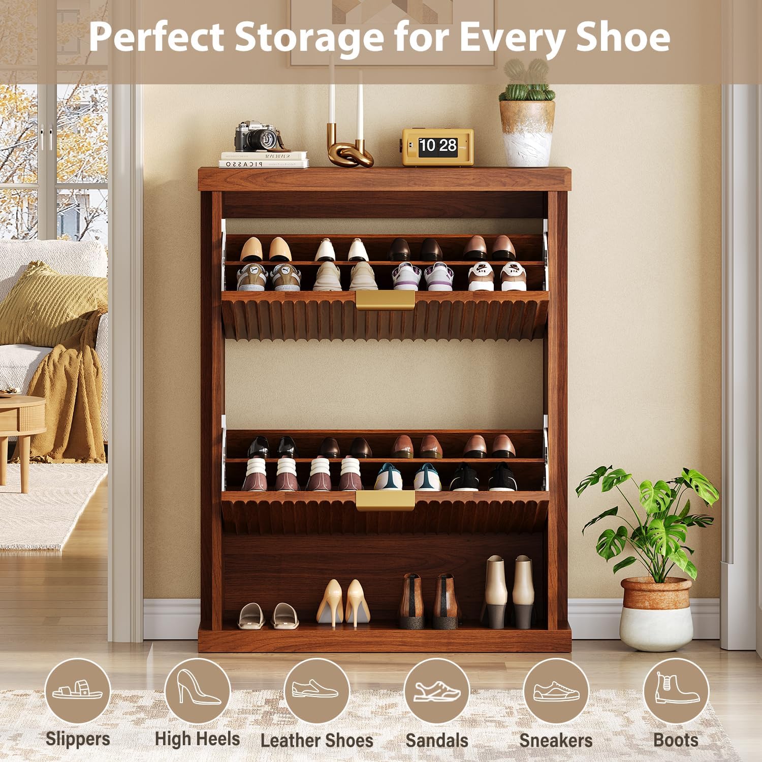 knoworld Walnut Shoe Cabinet Storage for Entryway,2 Flip Drawers with Toe Kick Space,Narrow Wood Fluted Shoe Rack Cabinet,Fluted Slim Shoe Cabinet for Foyer,Hallway