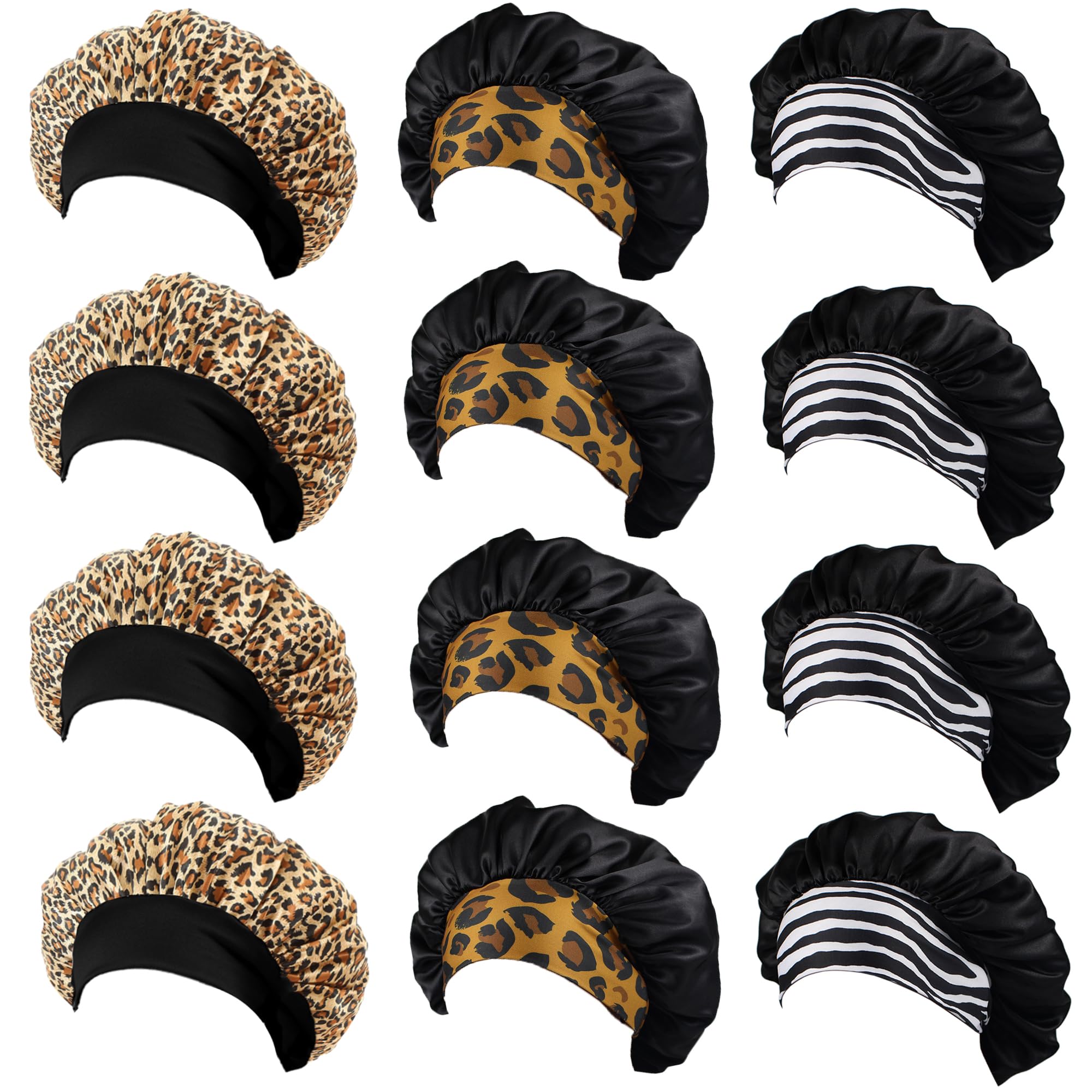 Wheebo 12 Pieces Satin Bonnet Hat For Women Sleeping Shower Caps Curly Hair Silky Bonnet Hair Wrap (Leopard)