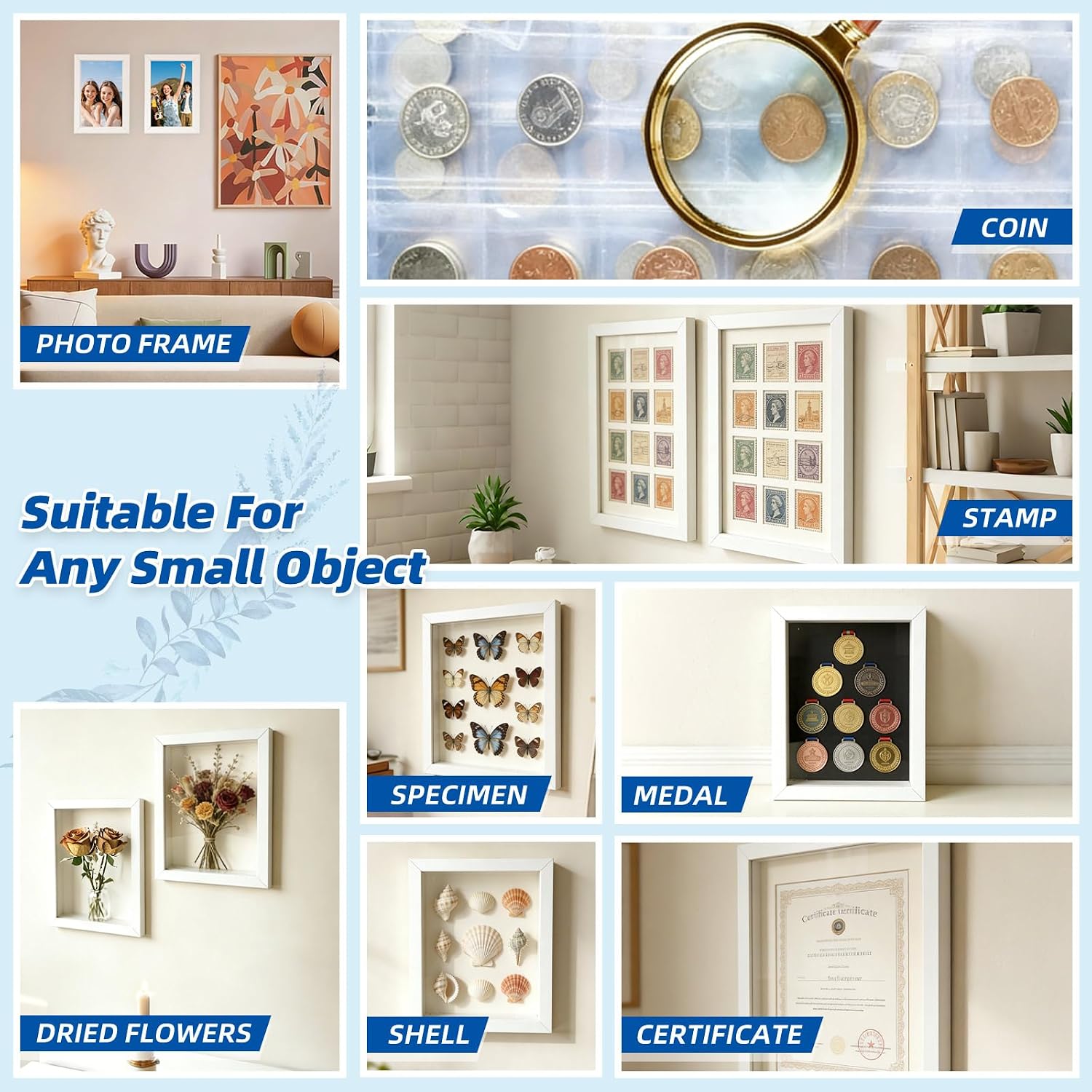 4 Pack Shadow Box Frames, 8 x 6 Inches Square Artificial Board Shadow Boxes Display Case, White 3D Picture Frames for Photos, Dried Flowers, Wall Mounted Handicraft Photo Frame