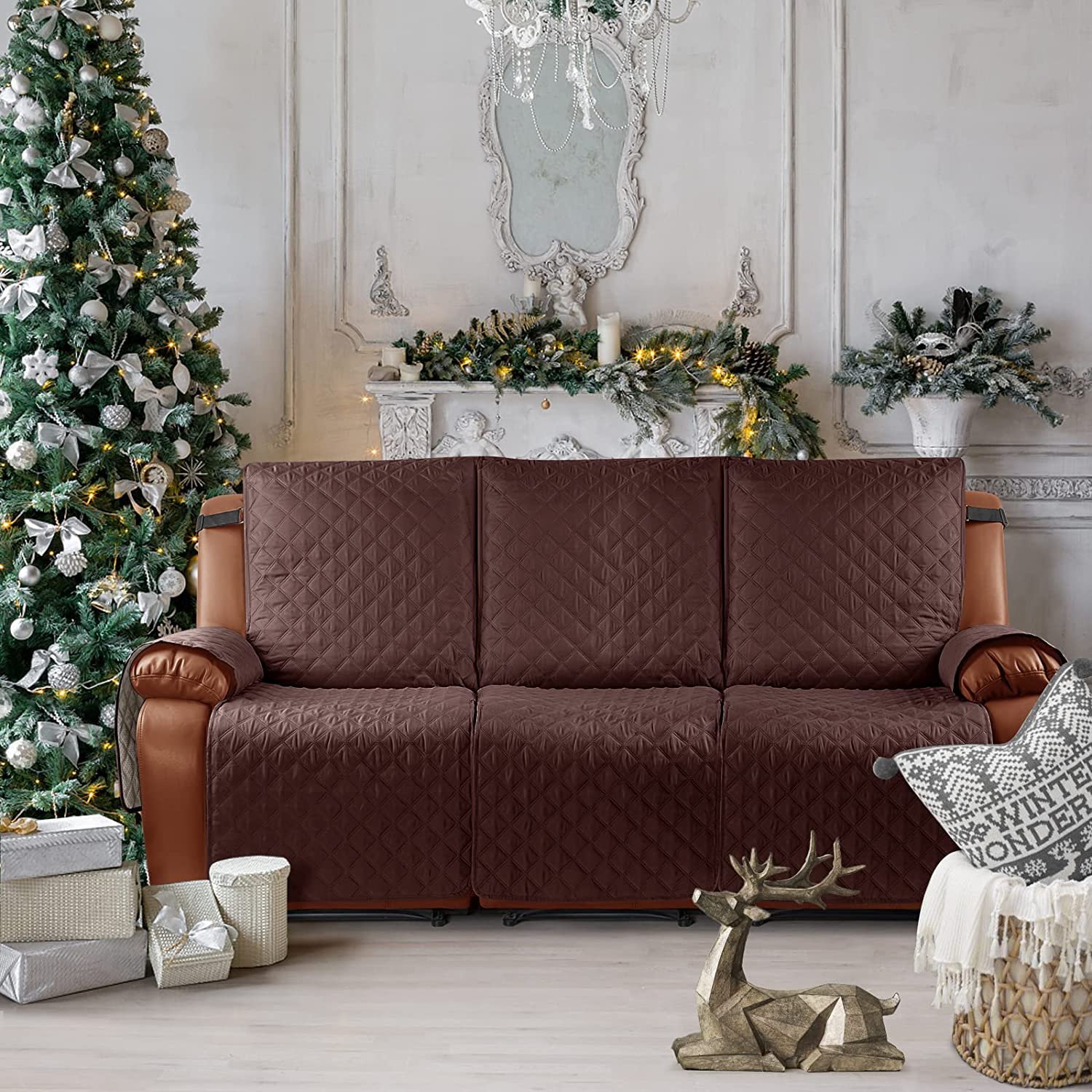 Funda de Sofá Reclinable Funda de Sillón Relax con correa elástica Fundas de Butacas Relax Antideslizantes Fundas de Muebles lavable para el hogar con mascotas y niños (Café,3 Plazas/Sofá)