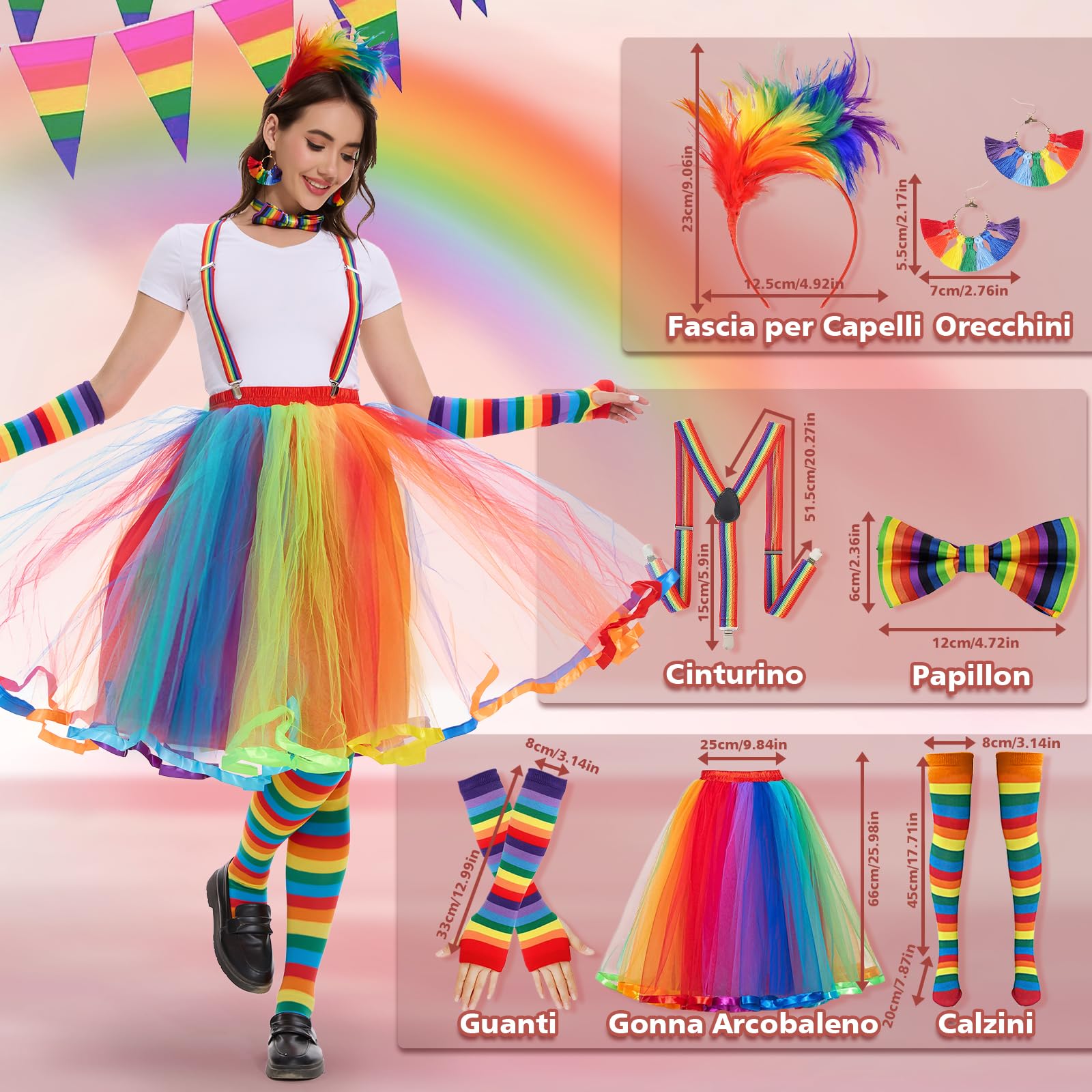 Joellfuner Gonna Arcobaleno Donna, Gonna Tulle Colorata Donna, Anni 80 Vestiti e Accessori con Tutu, Bretelle, Copricapo di Piume Colorate, Costume carnevale donna, Sfilata Dell'arcobaleno