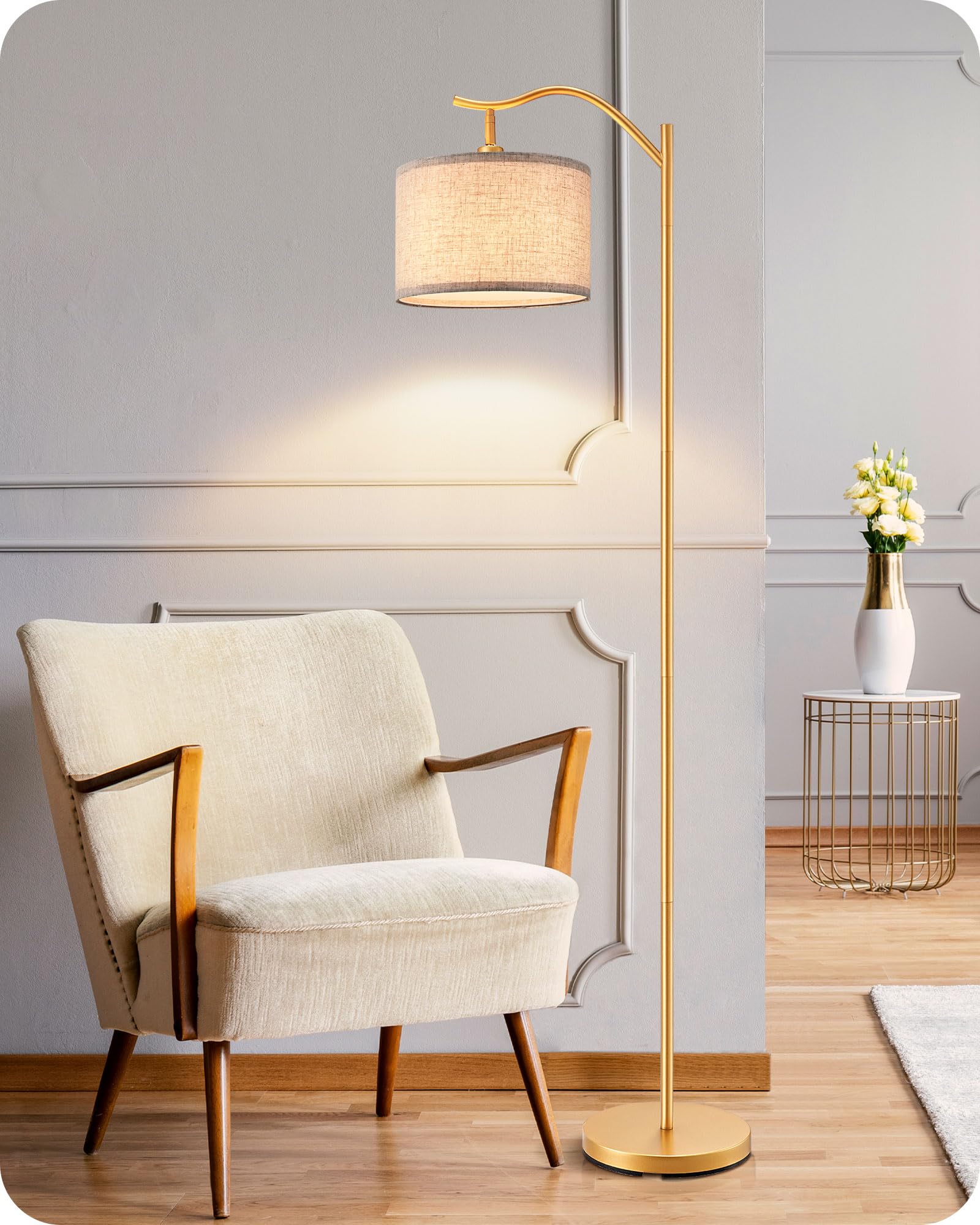 EDISHINE Lámpara de Pie Minimalista con Pantalla de Lino Beige, Bombilla Incluida, Pantalla Ajustable, Casquillo E27, 160cm Lámpara de Arco Oro para Dormitorio, Salón, Oficina