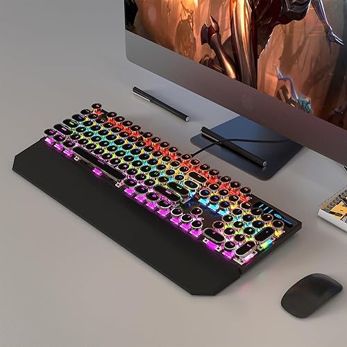 Miniatura 6 de MageGee Teclado mecánico para juegos de máquina de escribir, teclas redondas punk retro negras punk, teclados con cable retroiluminado RGB arco iris