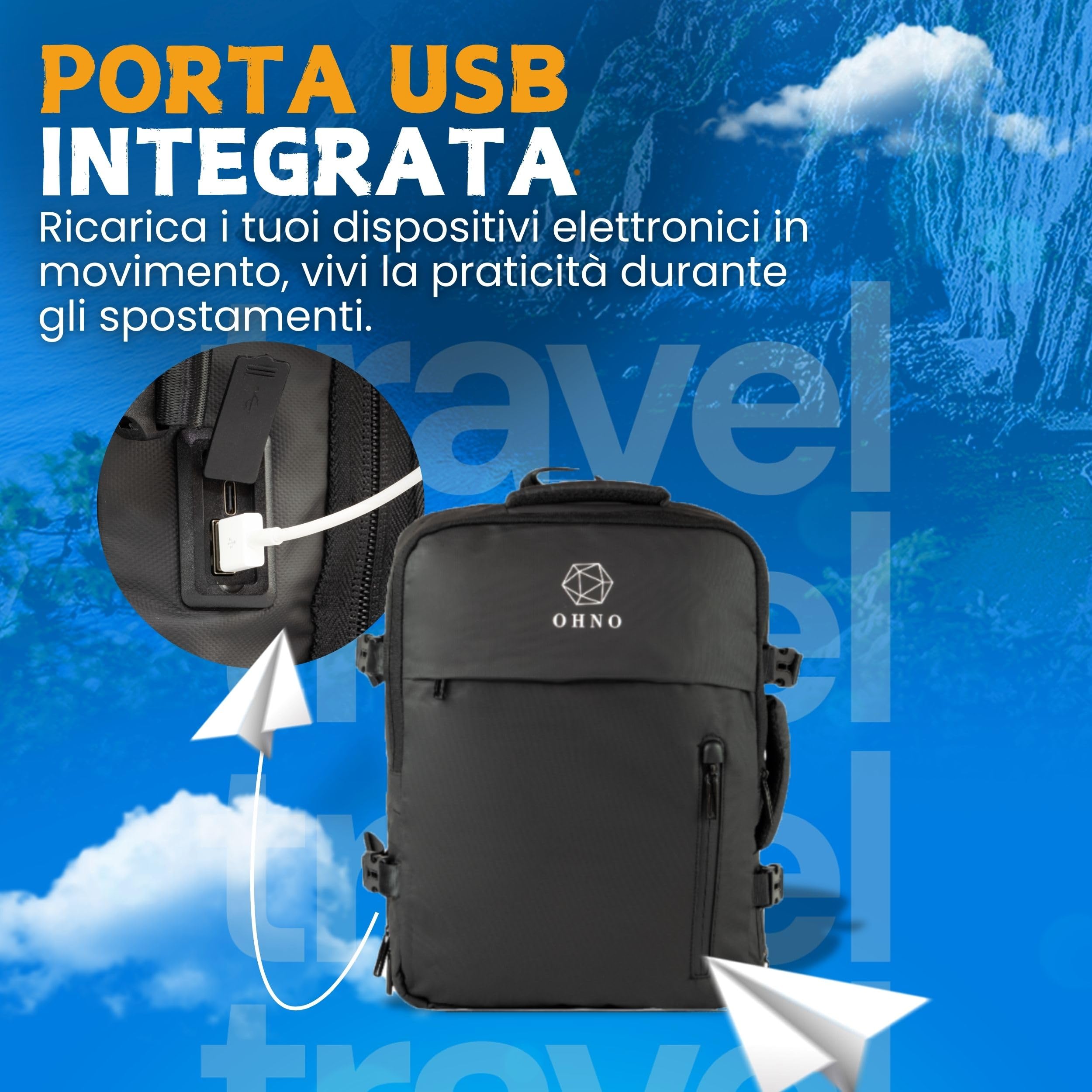 O H N O - Mochila de viaje Ryanair expandible impermeable y antirrobo - Mochila de viaje avión equipaje de mano con puerto USB y compartimento para PC - Mochilas para avión, trabajo y universidad,