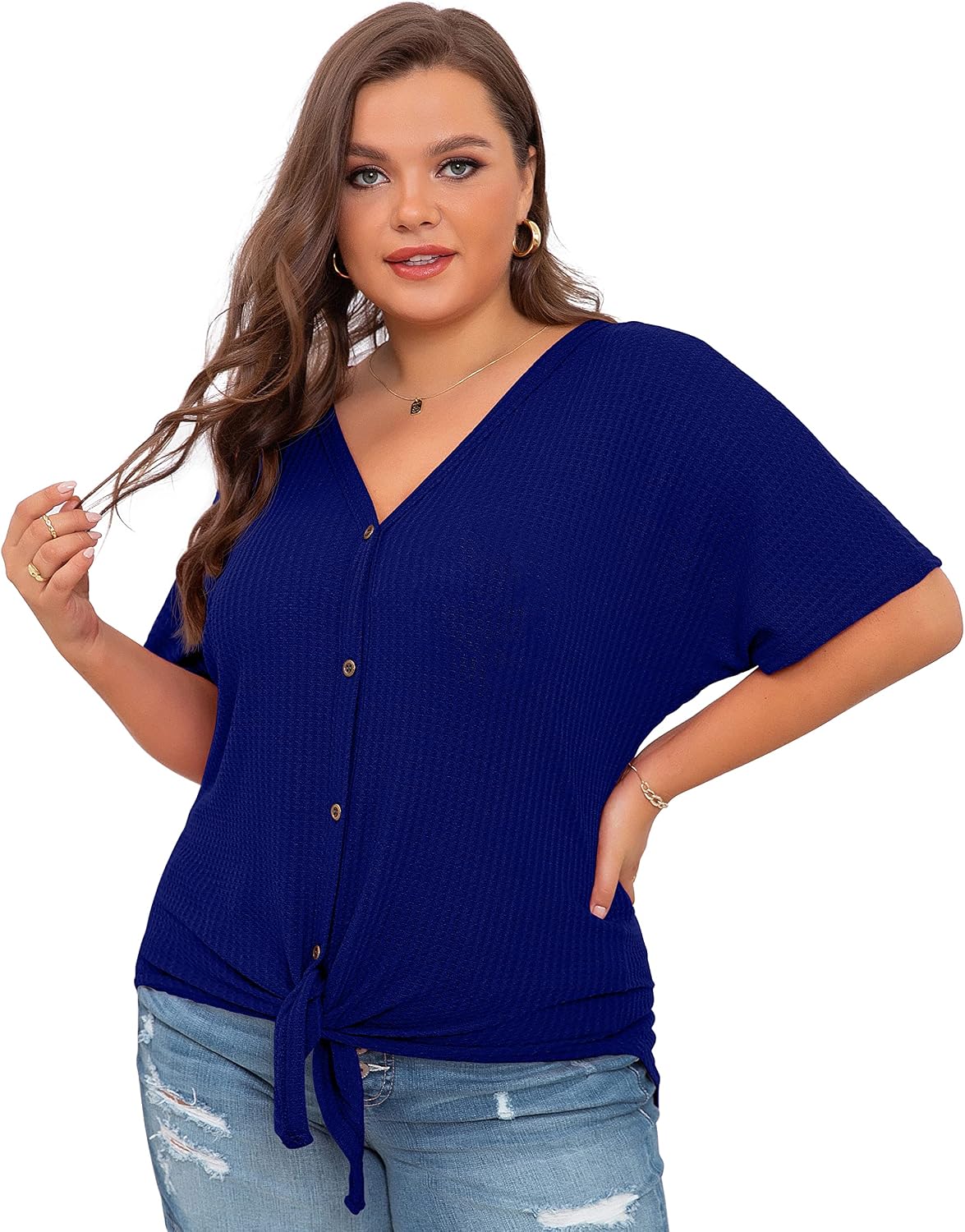 OLRIK Womens Plus Size Tops Short Sleeve V Neck Waffle Knit Tunic Blouse Tie Front Button Up T Shirts