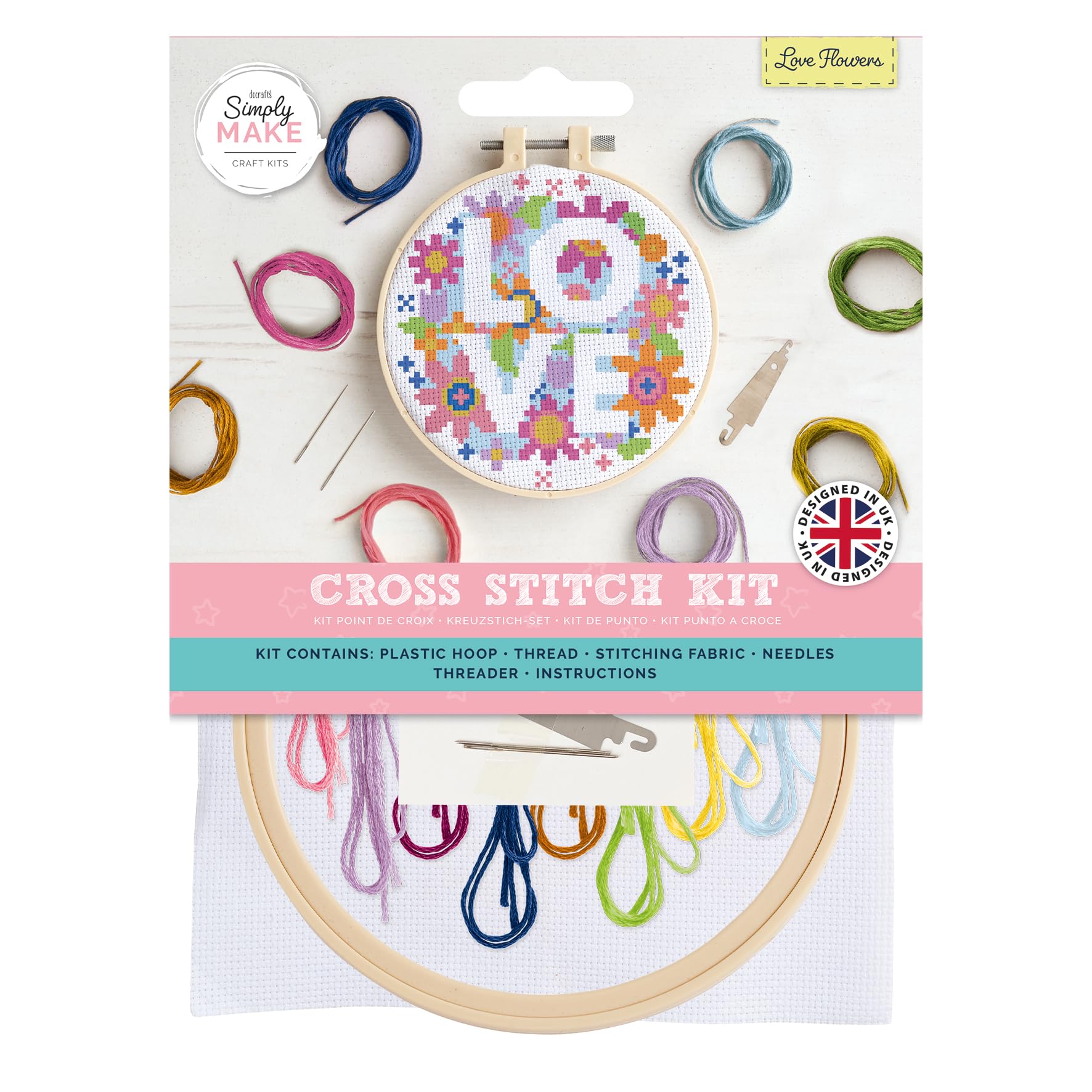 Simply Make Cross Stitch Kit, Love Flowers, Multicoloured, Single Craft Kit, Cross Stitch Kits for Adults, Sewing Kit and Embroidery Kit for Home Crafts, Embroidery Threads Included