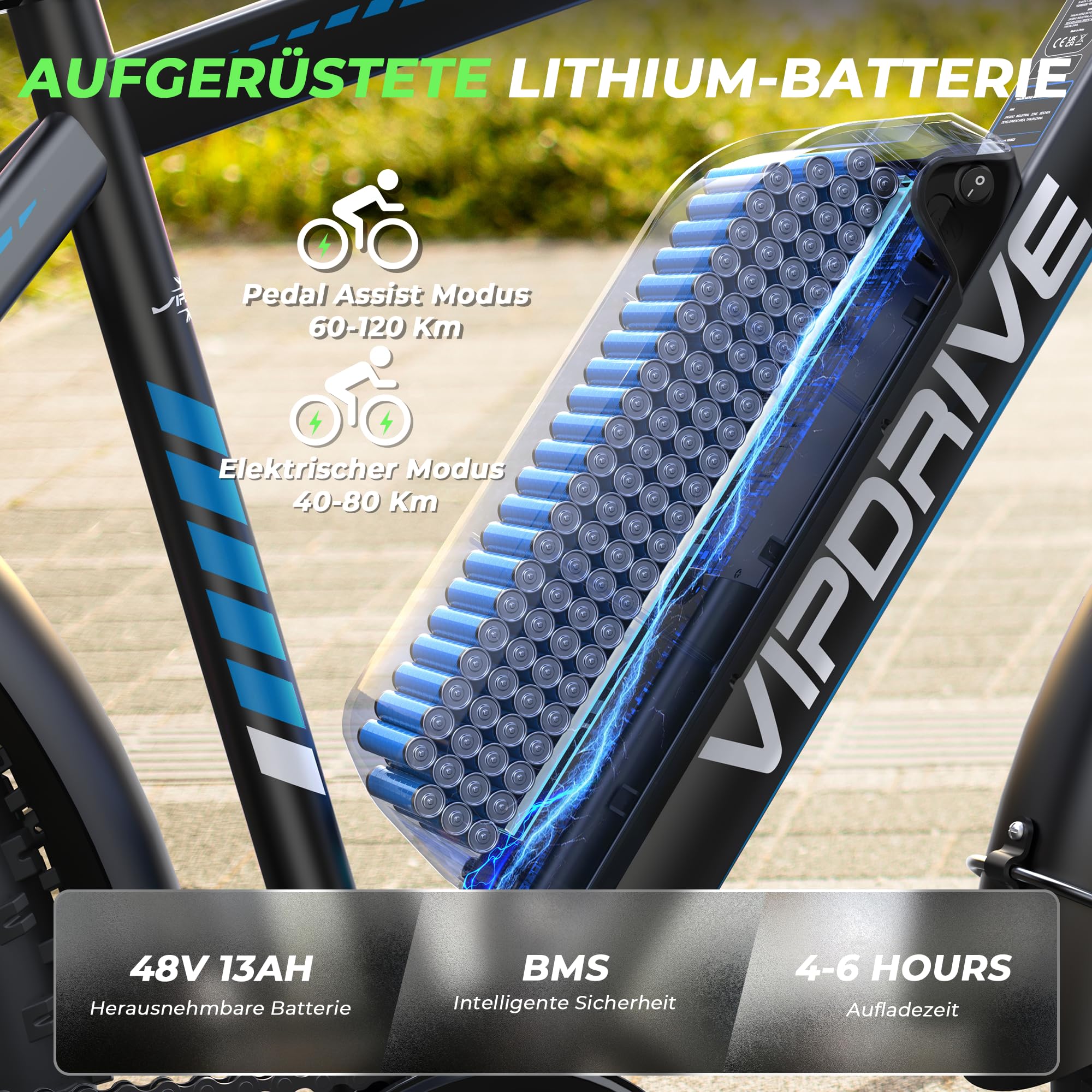 E Bike Herren Elektrofahrräder Ebike 48V 13Ah 624Wh Abnehmbarer Akku, 24 Zoll Fat Tire 250W Motor 5 PAS-Modus Damen E-Bike 7-Gang mit LCD-Display (Blau【13AH 624Wh 62Nm】)
