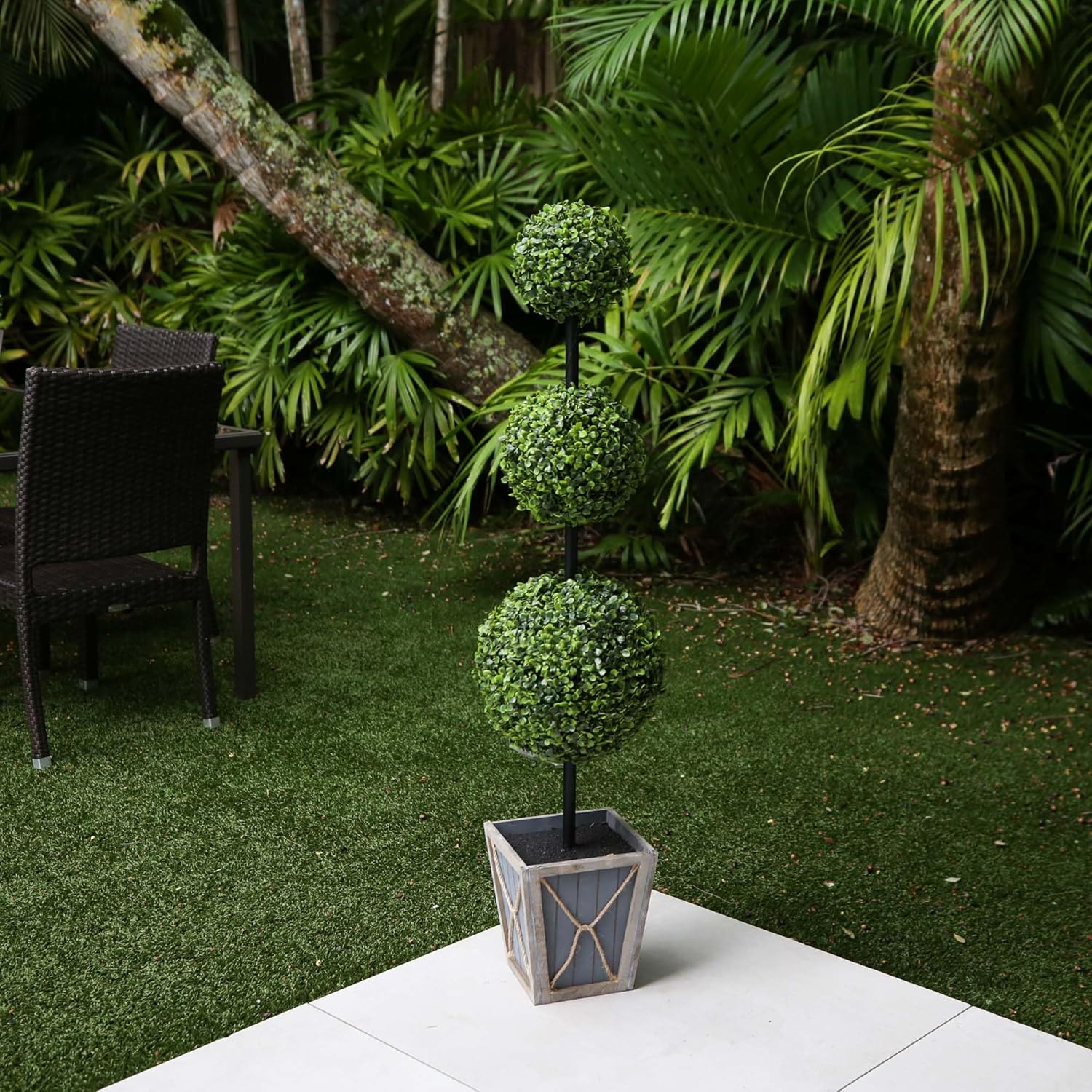 Nearly Natural 45in. UV Resistant Artificial Triple Ball Boxwood Topiary with LED Lights in Decorative Planter (Indoor/Outdoor)