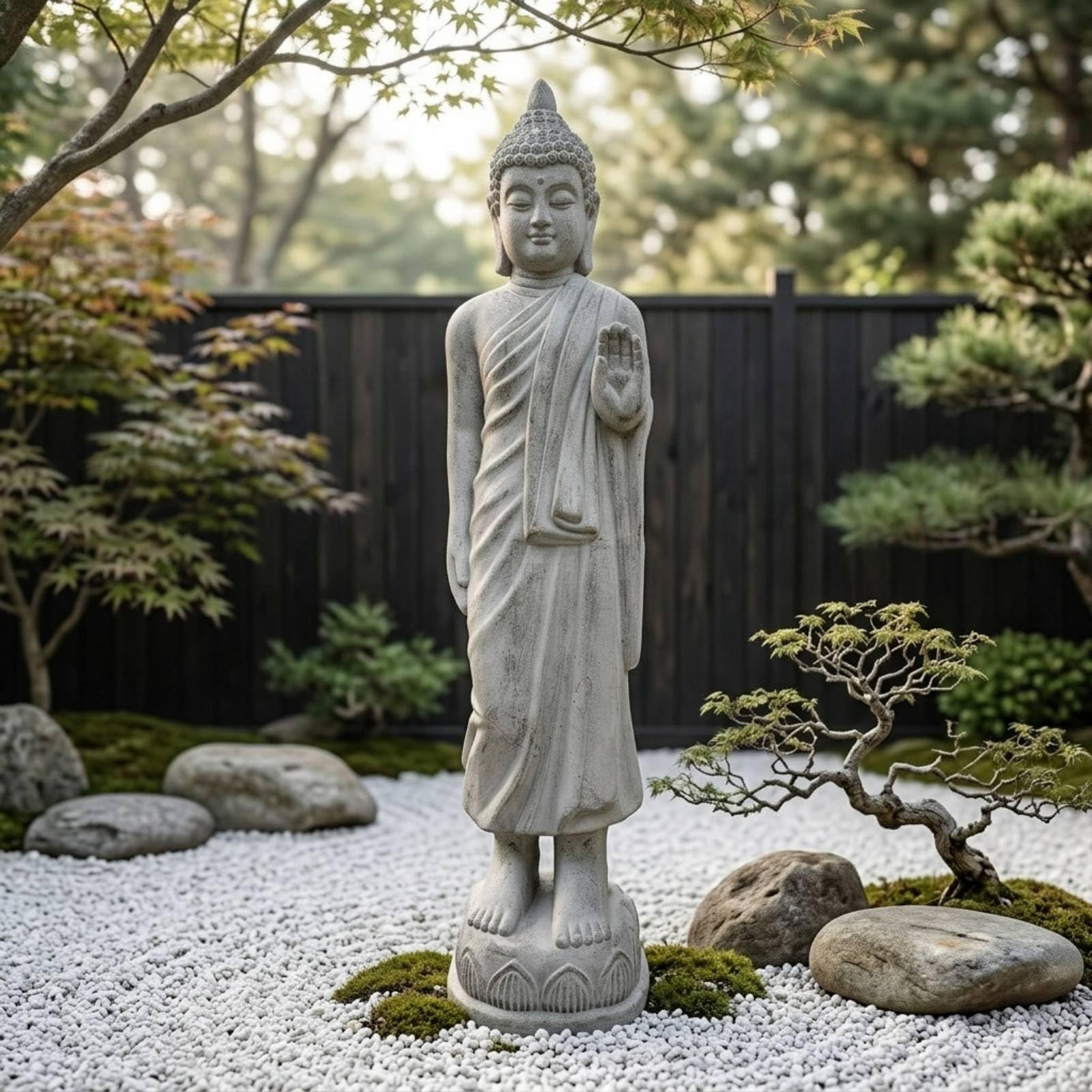 Estatua Buda Decorativa Escultura Figura Imagen con Mano Elevada en Magnesio con Detalles de Túnica y Cabello Adecuada para Meditación Altar Doméstico Entrada Sala de Estar Jardín, Color to 2