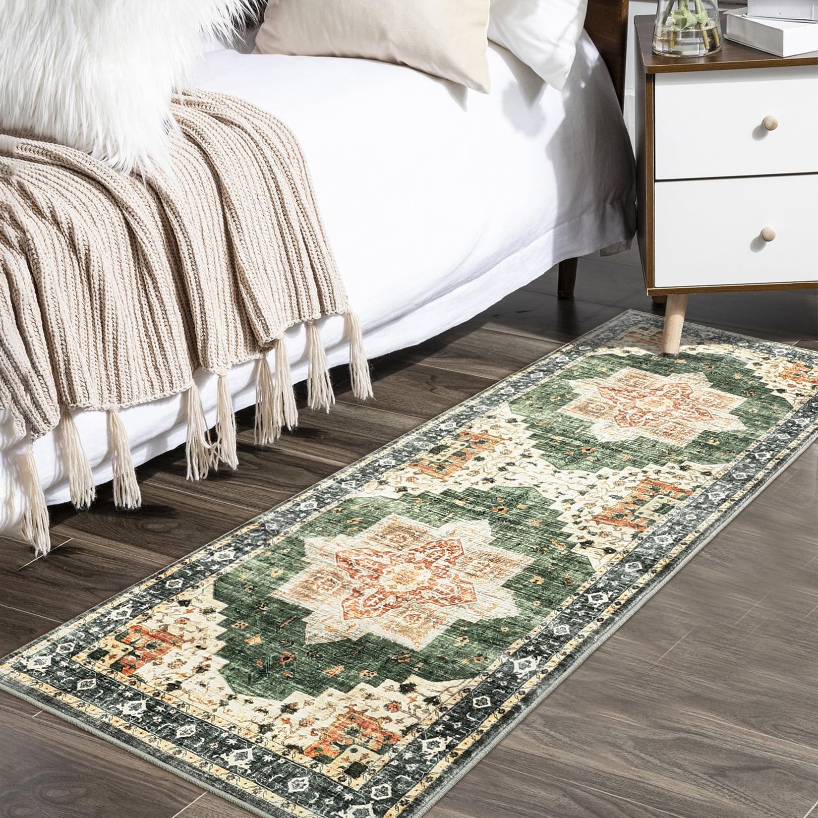 ROYHOME 2x6 Vintage Runner Rug for Entryway Hallway Machine Washable Indoor Floor Cover Print Carpet Distressed Low-Pile Non-Shedding Oriental Area Rug Foldable Accent Rug, Green