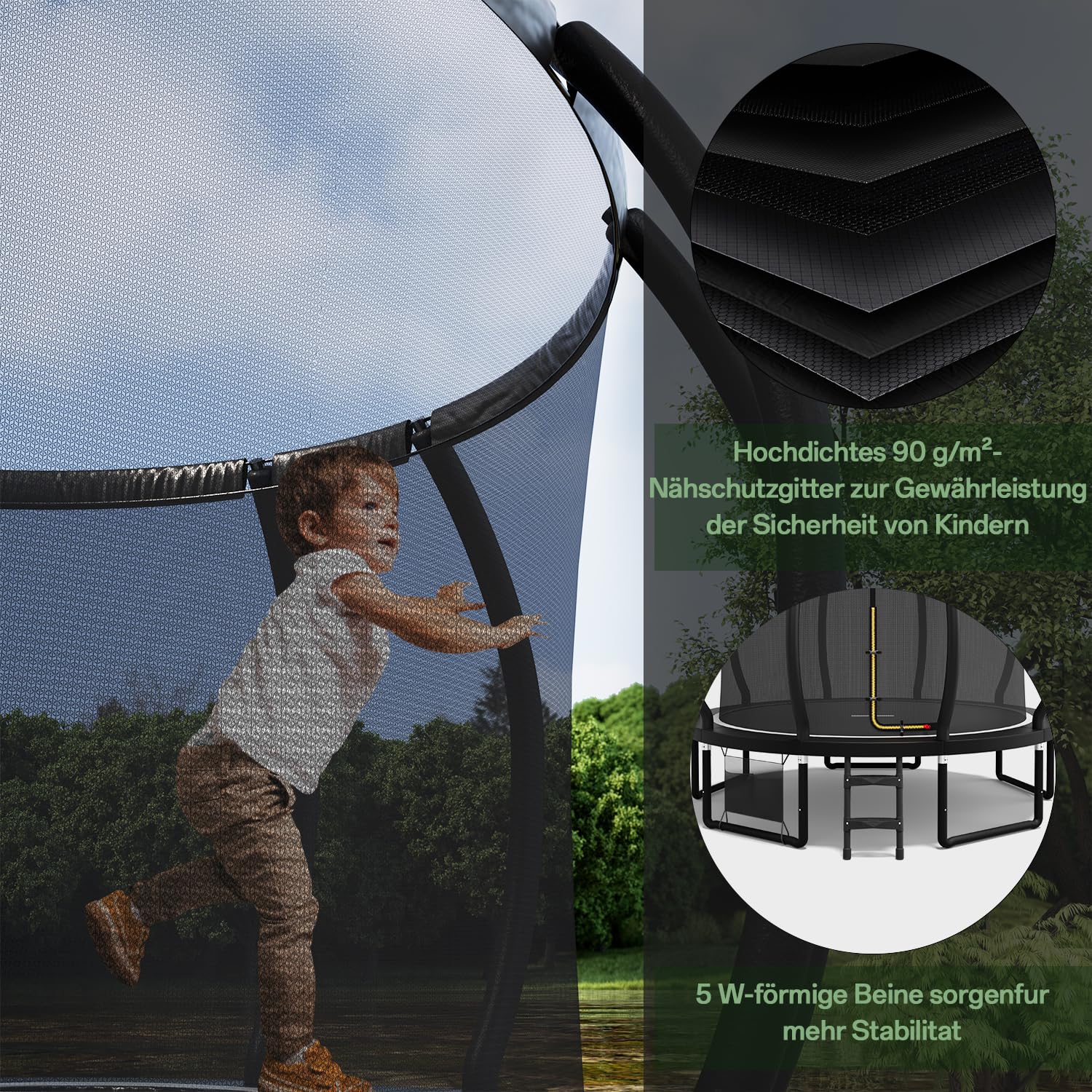 Flamaker Trampolin Outdoor Ø 228/305/366/427cm mit Zweilagiger Schutznetzpfosten, Stabile Rahmenkonstruktion, Wetterfest und rostfrei, Gartentrampolin für Kinder & Erwachsene Belastbarkeit 150kg