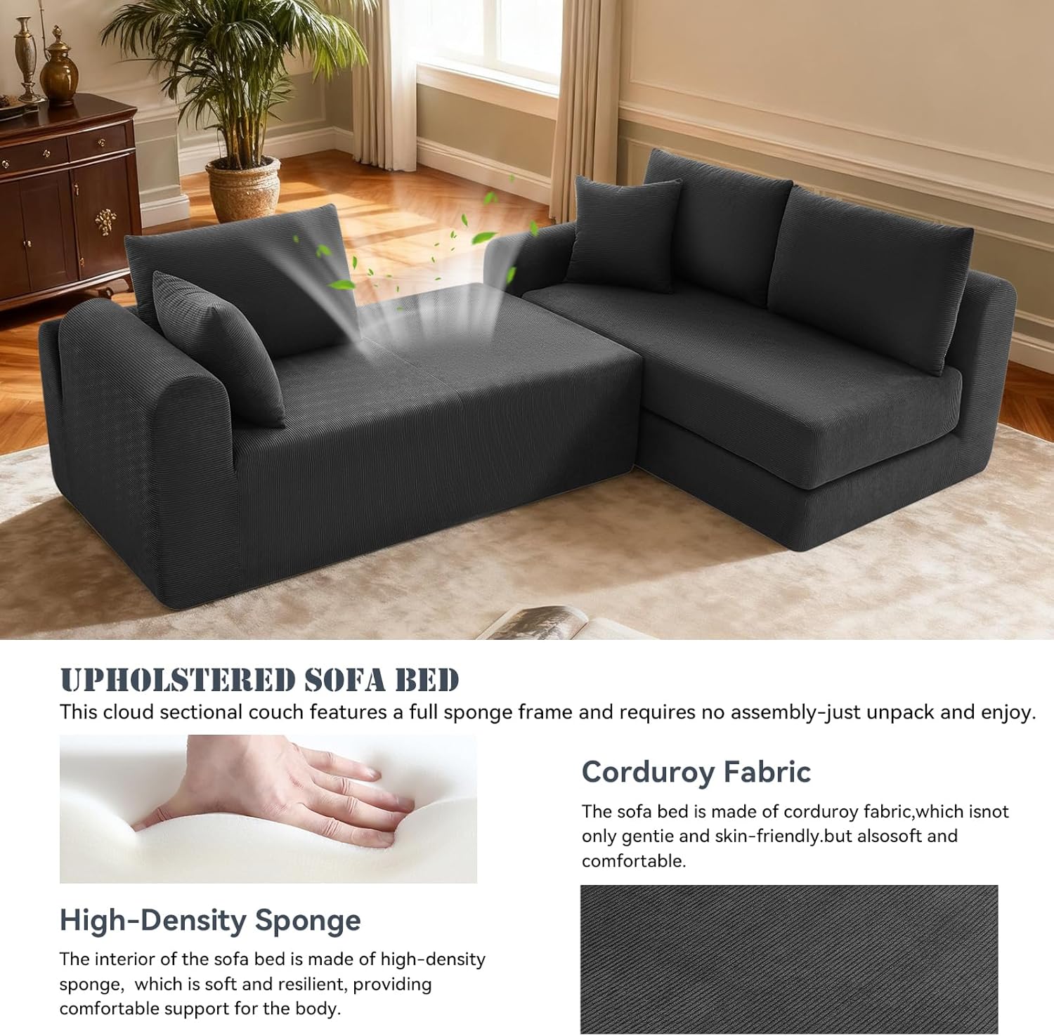 103 inch Cloud Sectional Couch, Modular Sectional Sofa with Deep Seat,Folding L-Shape Sofa Bed,Corduroy Boneless Couch Bed for Living Room,No Assembly Required,(Gray,Right Facing Chaise)