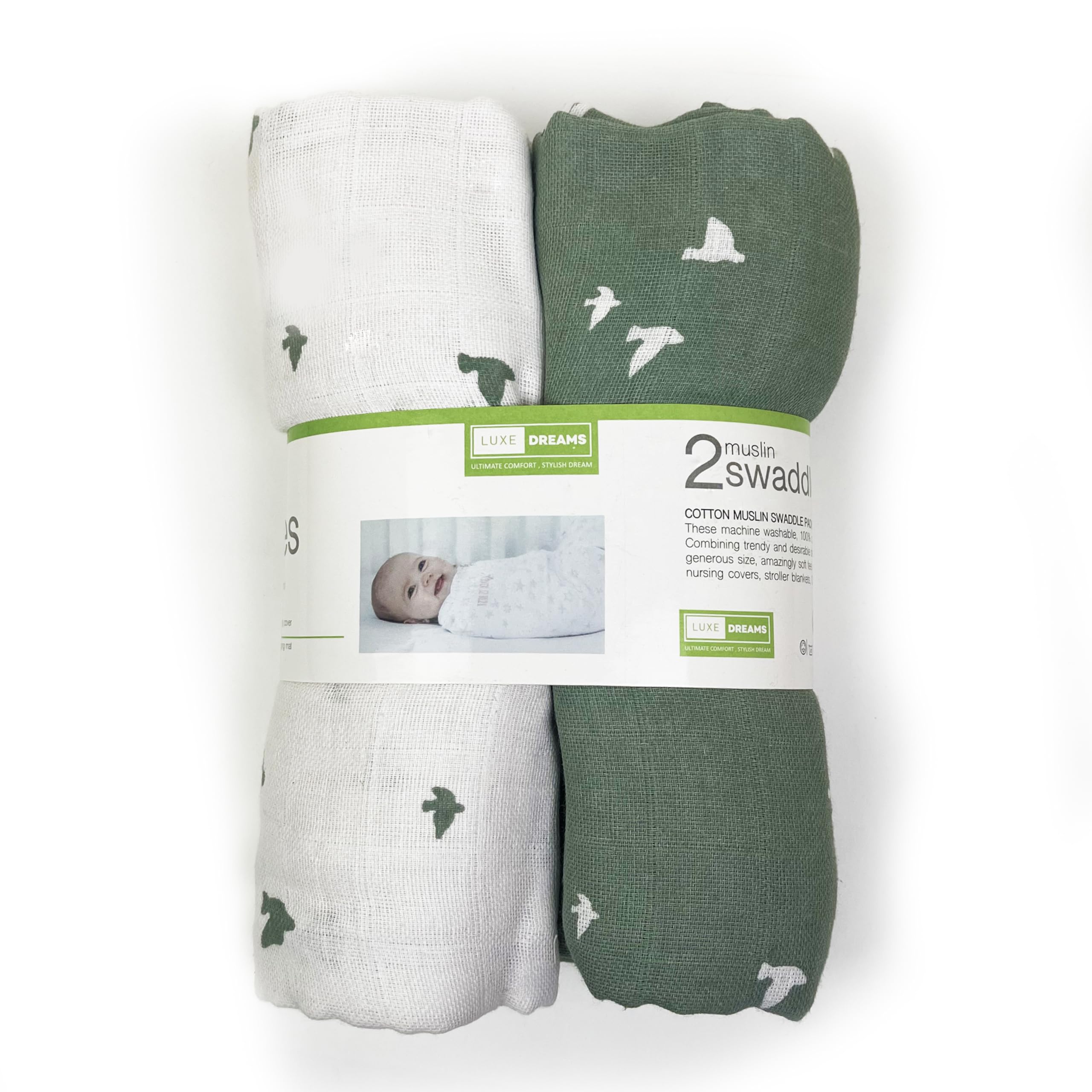 Luxe DreamsMuslin Cloths for Baby Pack of 2 Swaddles Blanket Soft & Breathable 100% Cotton Muslin Squares (120 x 120 cm) Burp Cloth for Newborn Baby Boys & Girls | Green Birds Print