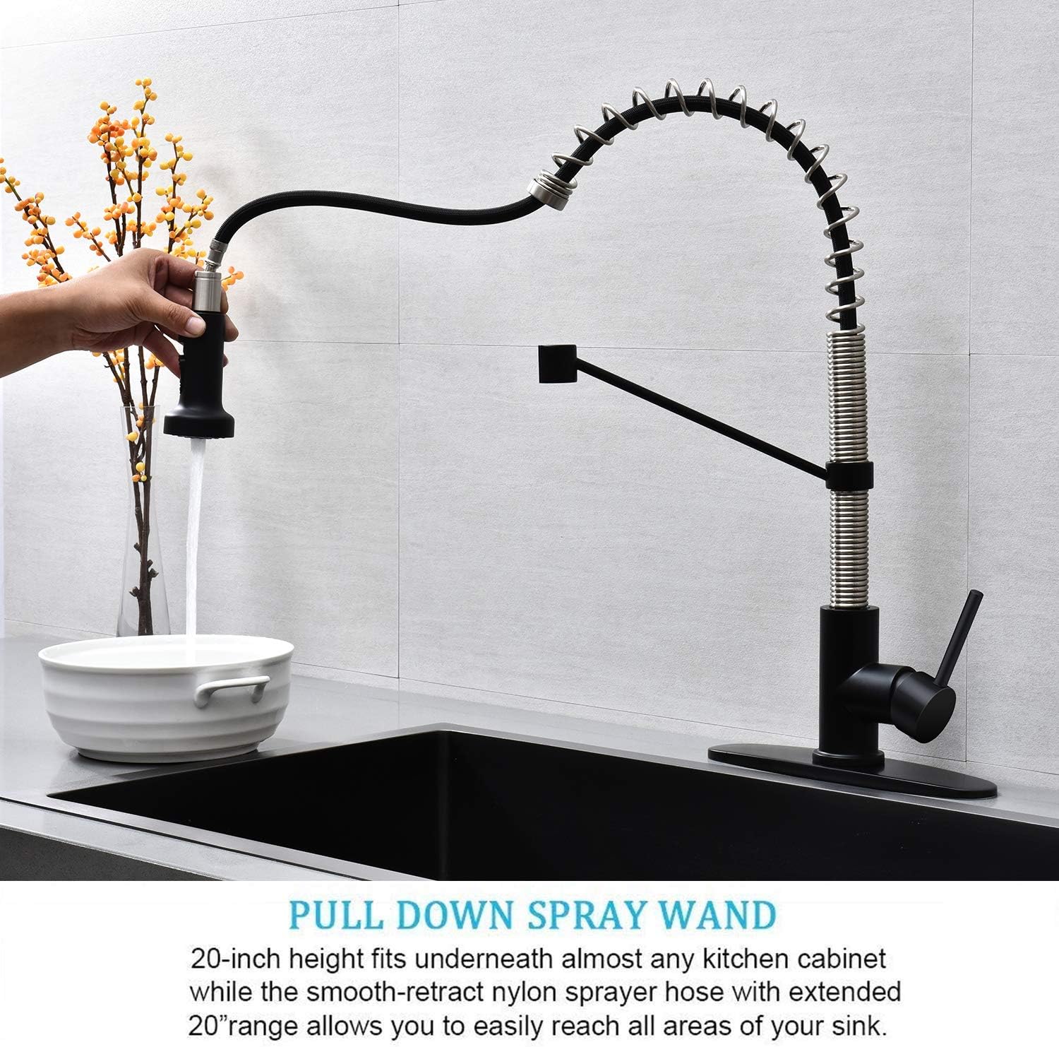 Best Review Ufaucet Modern Lead Free Pull Down Single Hole Spring Kitchen Faucet, Single Handle One Sprayer Single Level Stainless Steel Kitchen Sink Faucet with Deck Plate