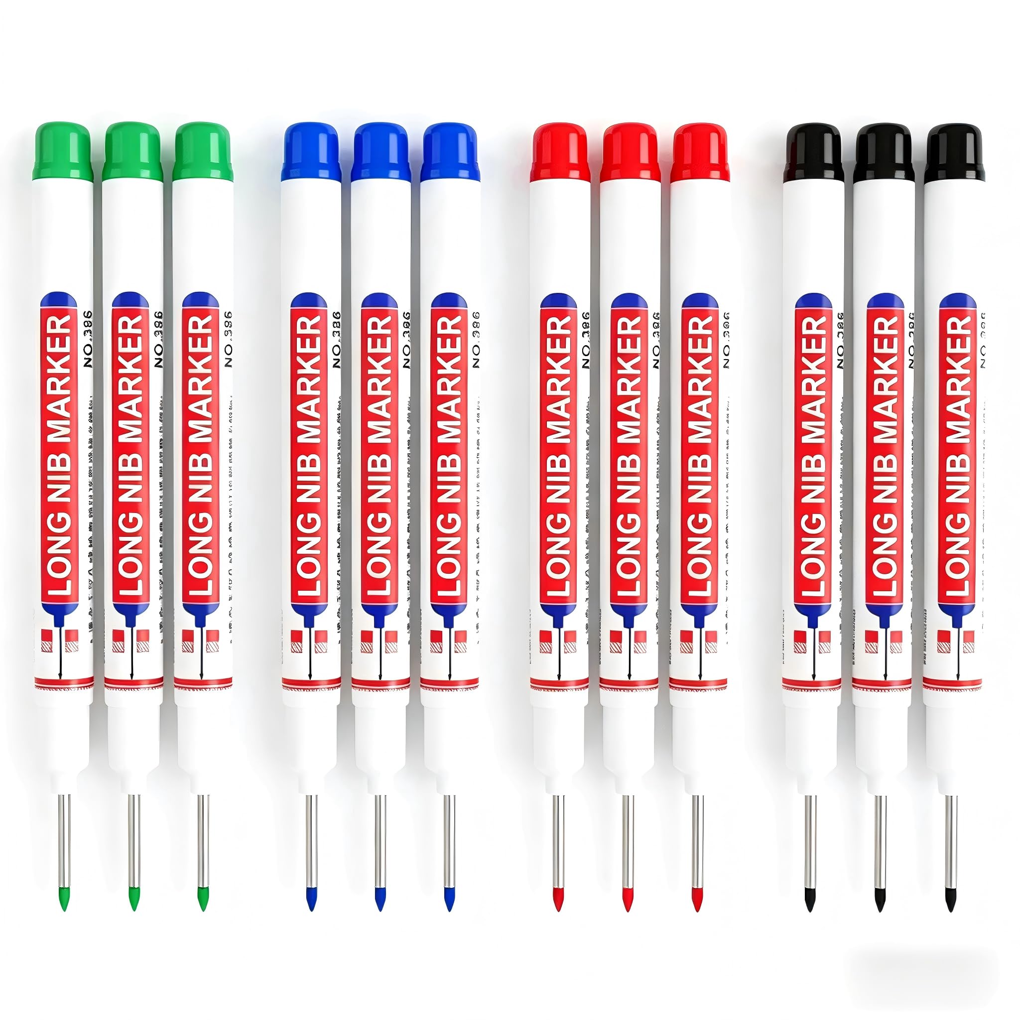 Lumoia 12PCS Long Nib Marker Pens, 20mm Deep Hole Marker Pen Waterproof Quick Dry Construction Permanent Marking Tool Colorfulfor Woodworking Metal Carpenters Builders Hardware (Black/Blue/Red/Green)
