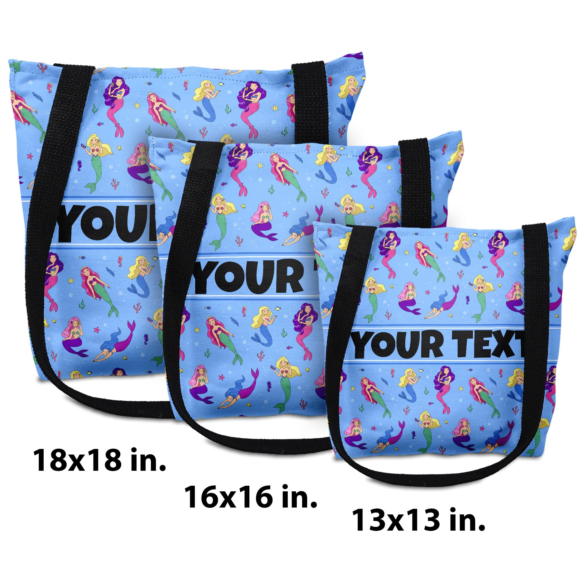Personalized Tote Bag - Mermaids, Custom Name/Text, Reusable w/Straps, Canvas Cloth Fabric, Customized Gift Idea, Birthday/Christmas/Holiday Present, 18x18