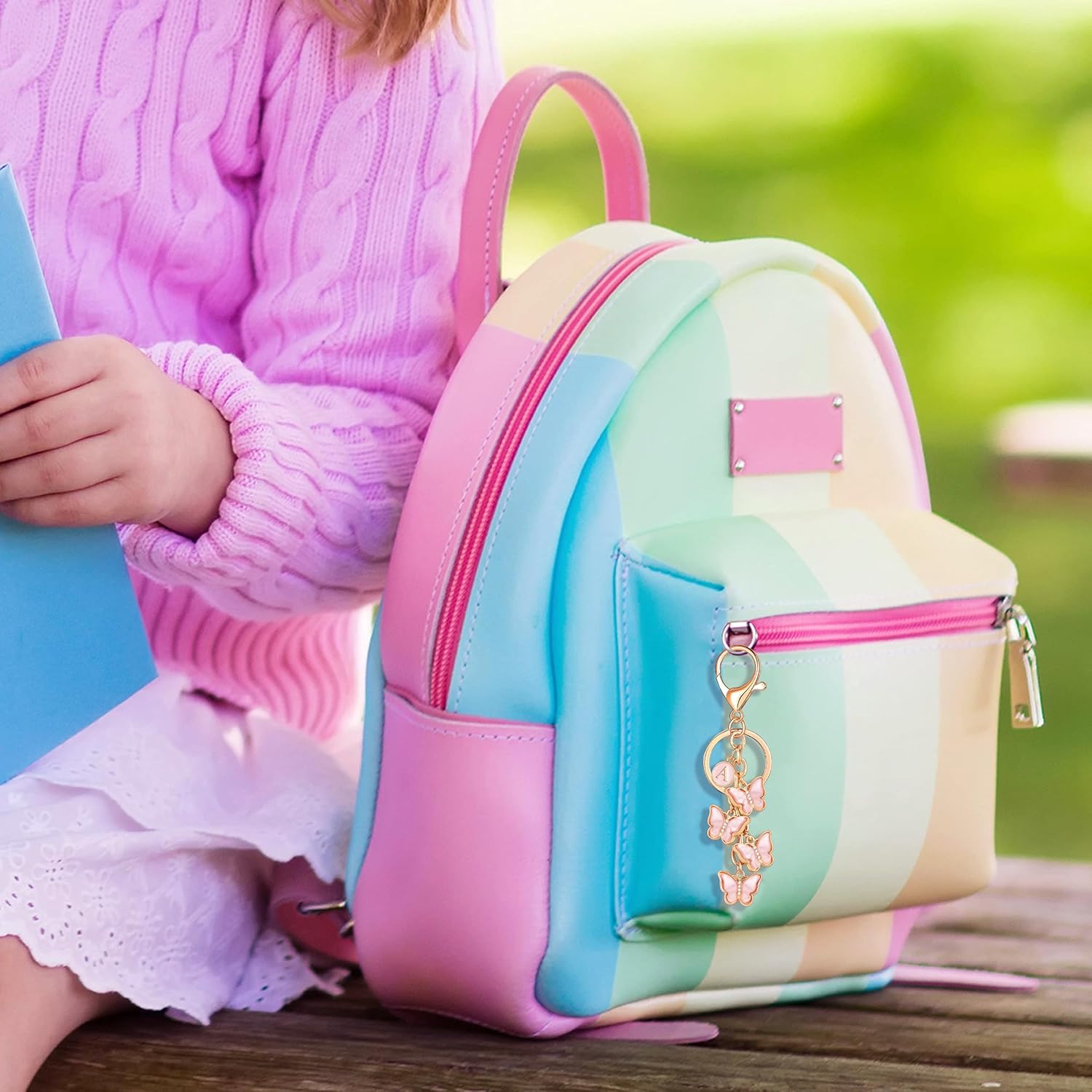 XGALBLA White Pink Black Cute Butterfly Initial Letter Keychain for Women, Butterfly Bag Charms Keyring for Handbags Backpack - Image 5