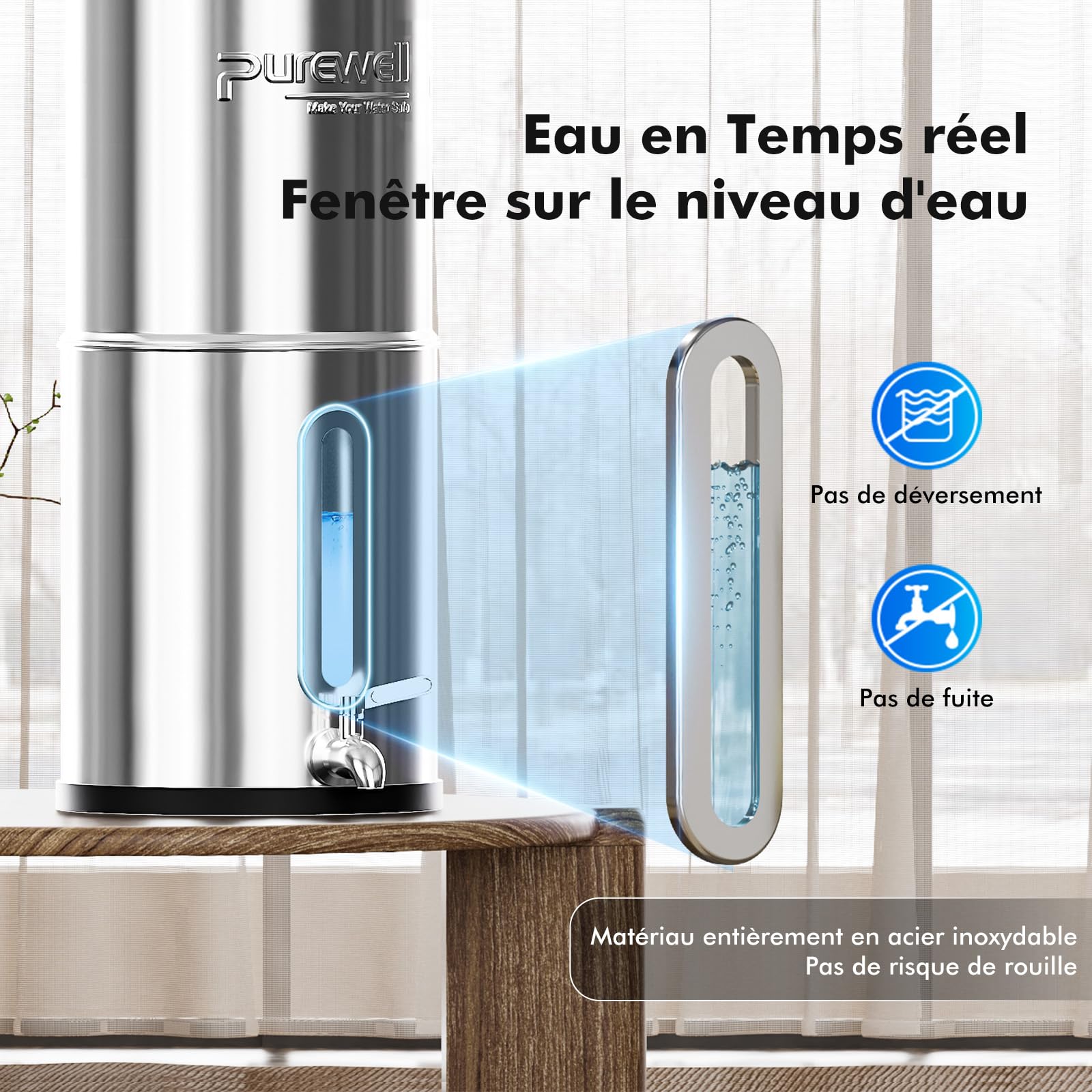 Purewell Filtre à Eau par Gravité 8,5L - Système de Filtration Familial avec Charbon Actif - Purificateur d'Eau pour Robinet et Eau de Pluie - Technologie Ultrafiltration - Grande Capacité