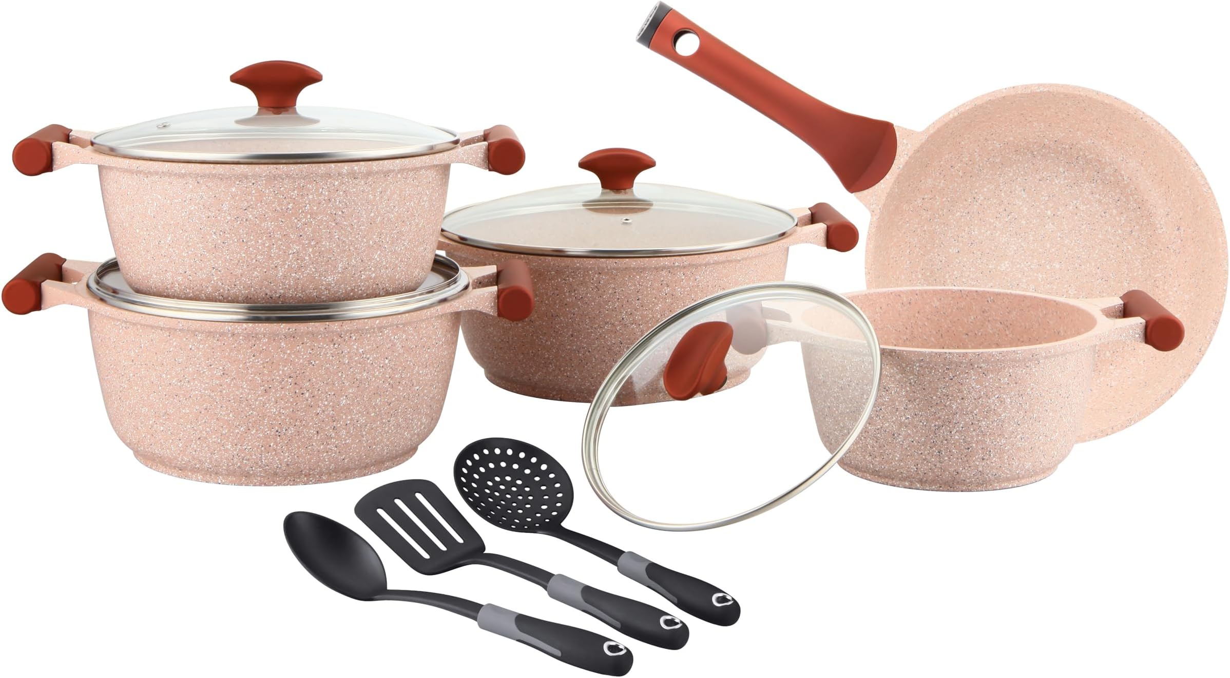 Prestige Essentials Granite 12 Piece Non-Stick Cast Aluminium Cookware sets |Induction Compatible Pots and Pans Set | Pink - PR80964