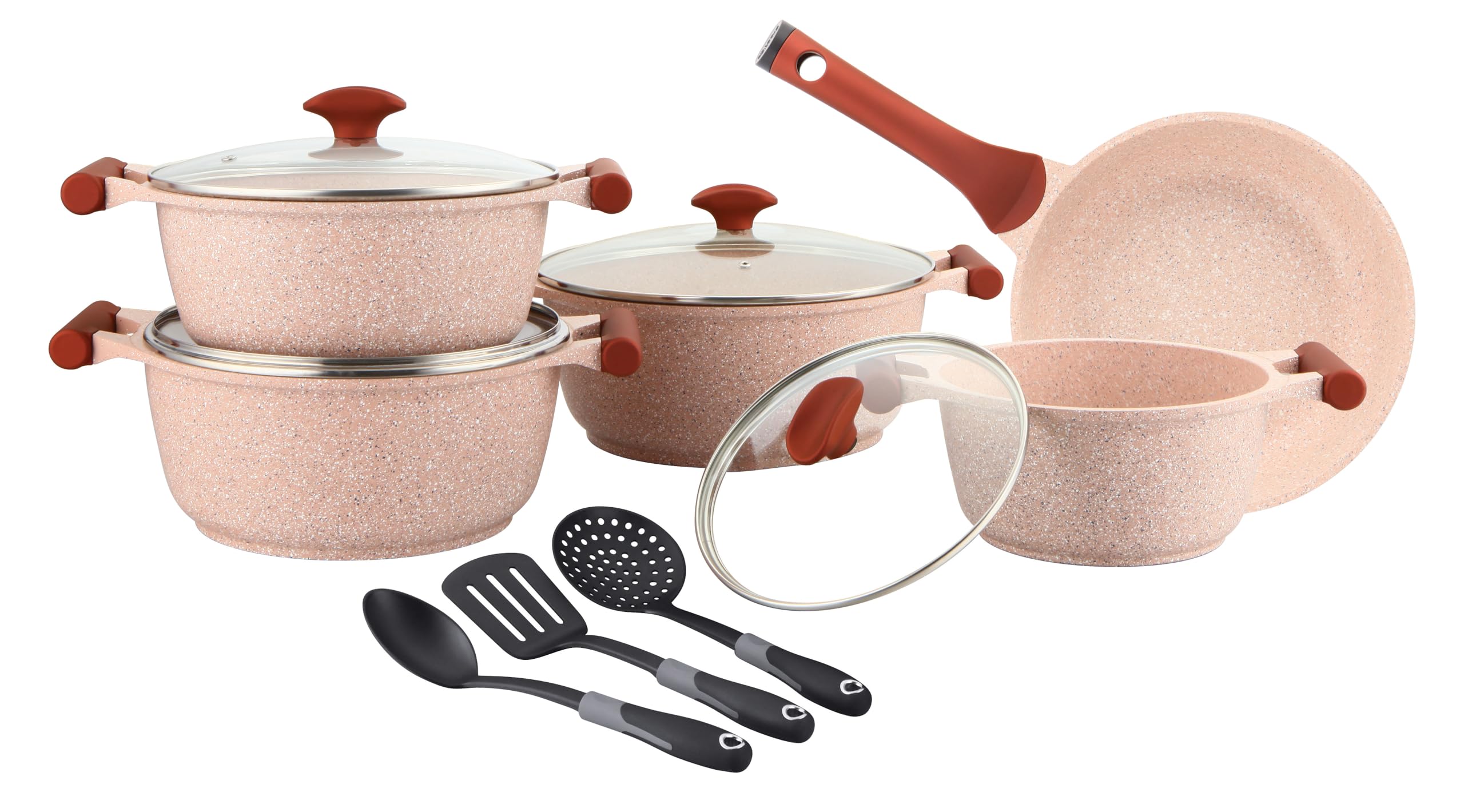 PrestigeEssentials Granite 12 Piece Non-Stick Cast Aluminium Cookware sets |Induction Compatible Pots and Pans Set | Pink - PR80964