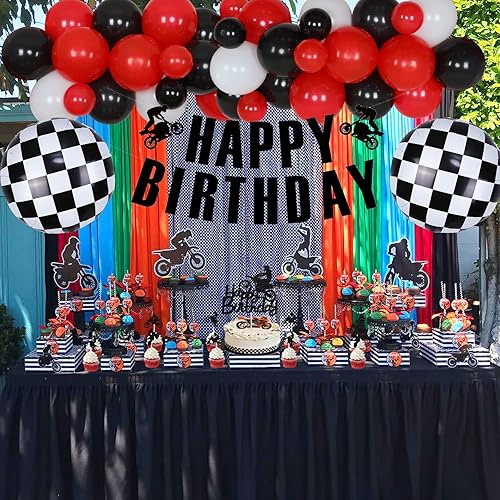 Miniatura 5 de Decoraciones de cumpleaños de motocross para niños, kit de arco de guirnalda de globos rojos y negros con decoración de pancarta de feliz