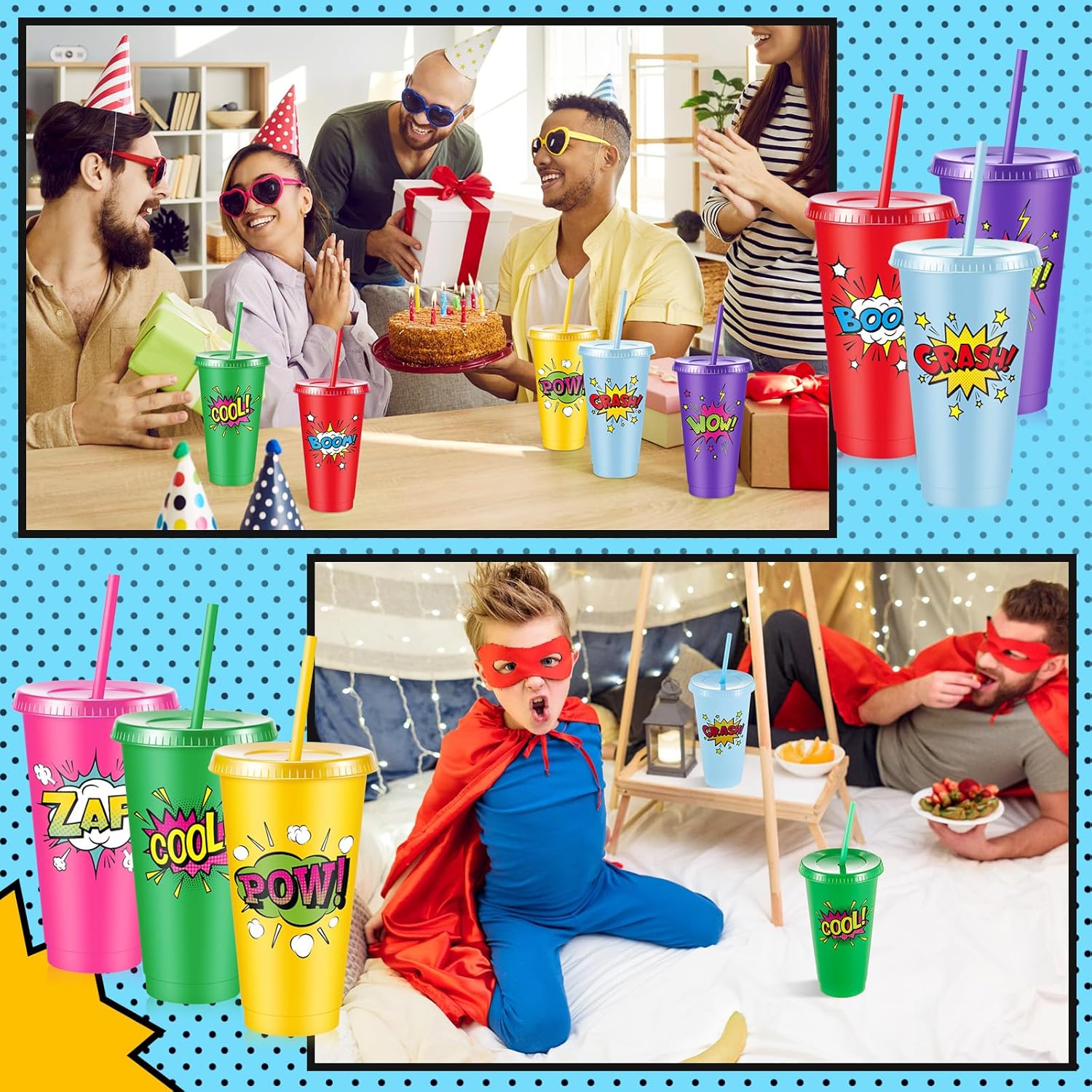 Chuangdi 12 Pcs Hero Cups 24 oz Plastic Reusable Tumblers with Lids and Straws Themed Drinking Cups for Birthday Decorations Party Favors Supplies Gifts