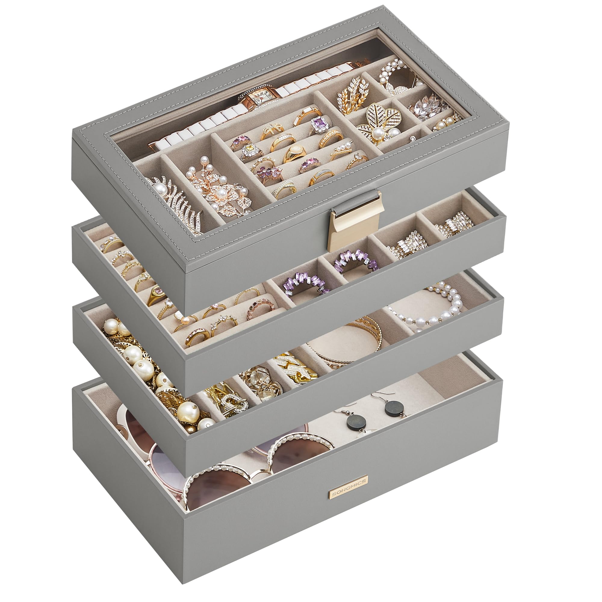 SONGMICS Jewellery Box, Stackable 4-Tier, Clear Glass Lid, Large