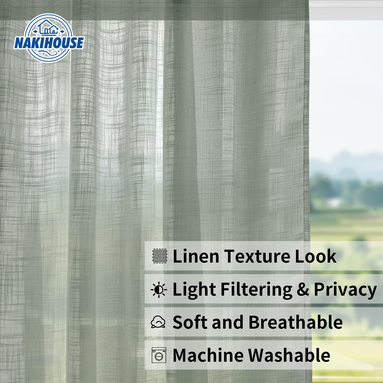 NAKIHOUSE Linen Voile Curtain, 2 Panels Grey Net Curtains for Windows 96 Drop - Image 2
