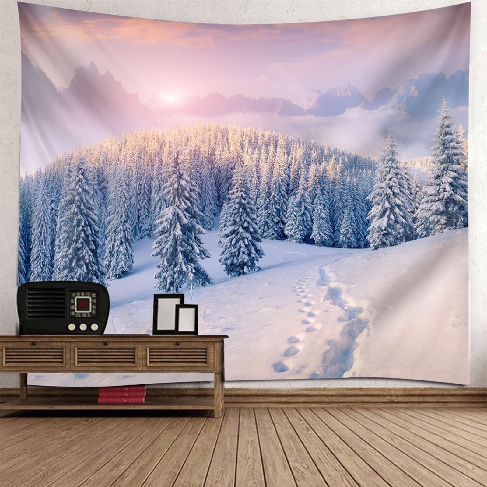 Skcess Dekoracja ścienna 240 x 220 cm, poliester ścienny, szary, niebieski, las, krajobraz śnieżny, dywan ścienny