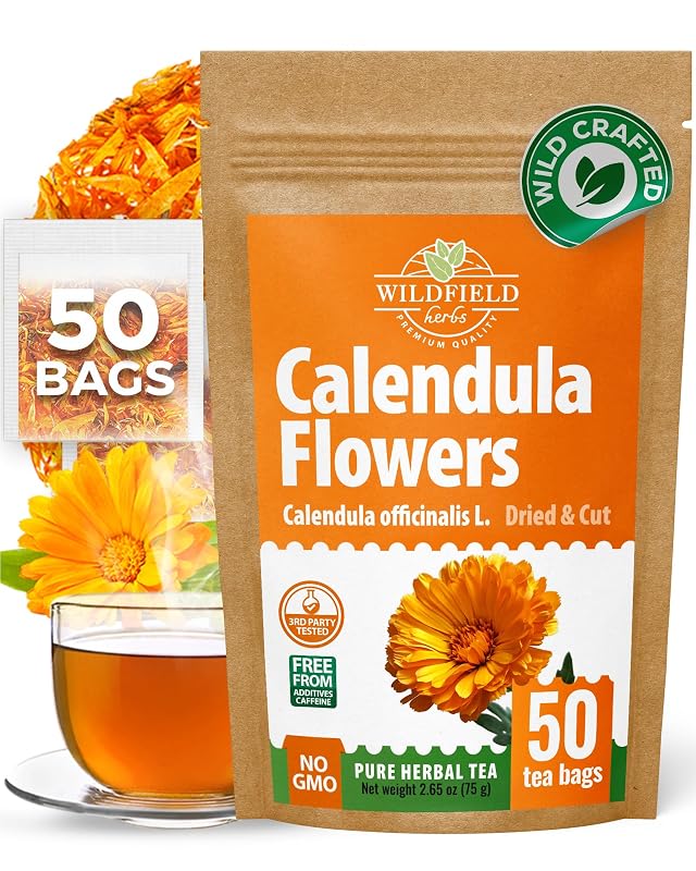 WILDFIELD HERBS Chá de calêndula (Calendula officinalis), flores secas, 1,5 g por sachê, 50 sachês