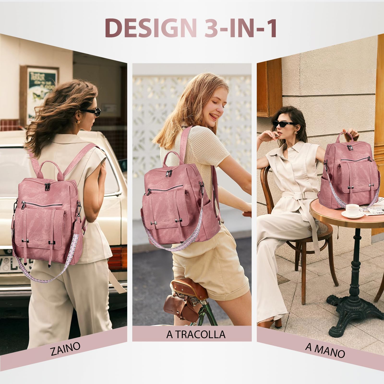 Leathario Zaino Donna in Pelle Vegana Impermeabile Antifurto,Borsa Elegante 3-in-1,Zaino da Lavoro, Viaggio e Uso Quotidiano