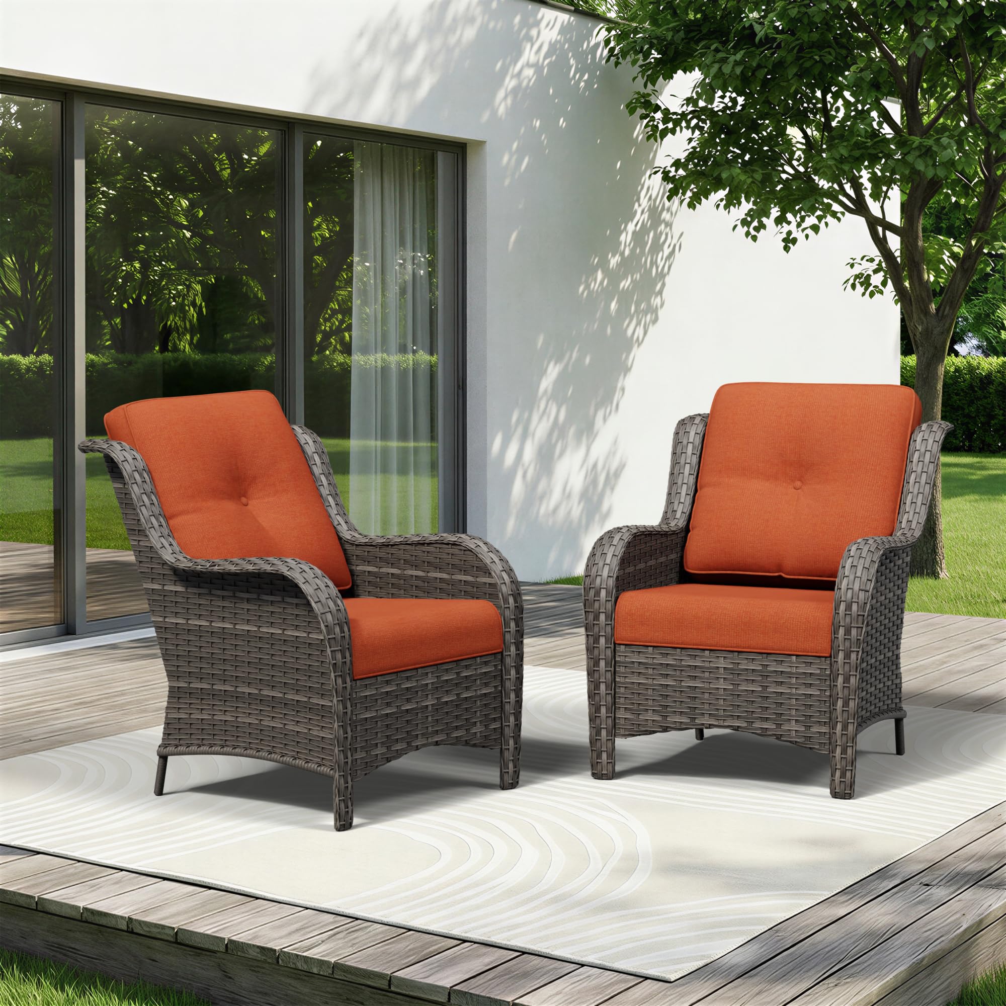 Patio Chairs Set of 2, Outdoor Wicker Patio Furniture Set with Thickened Olefin Cushions, High Back and Deep Seating, Wide Curved Armrest Hand-Woven PE Rattan for Porch, Deck, Orange
