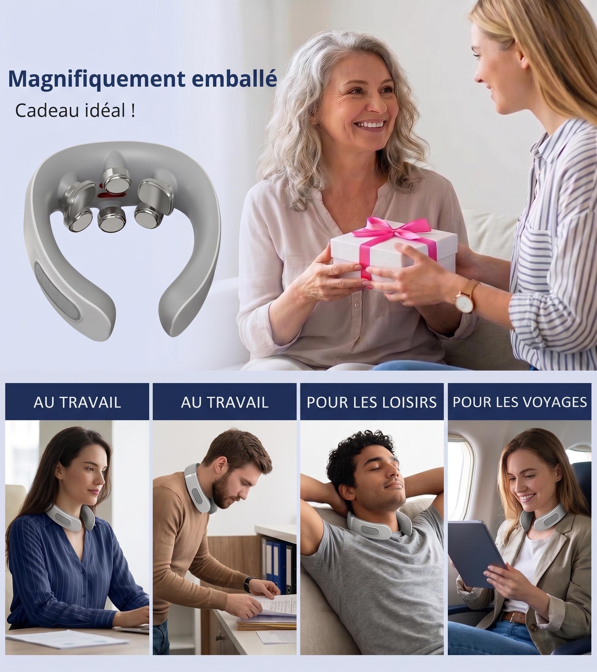 Masseur Cervical, Masseur électrique Portable à 6 têtes avec Thérapie Thermique à 42°C, Fonction Vocale Intelligente, Convient à la Maison et au Bureau